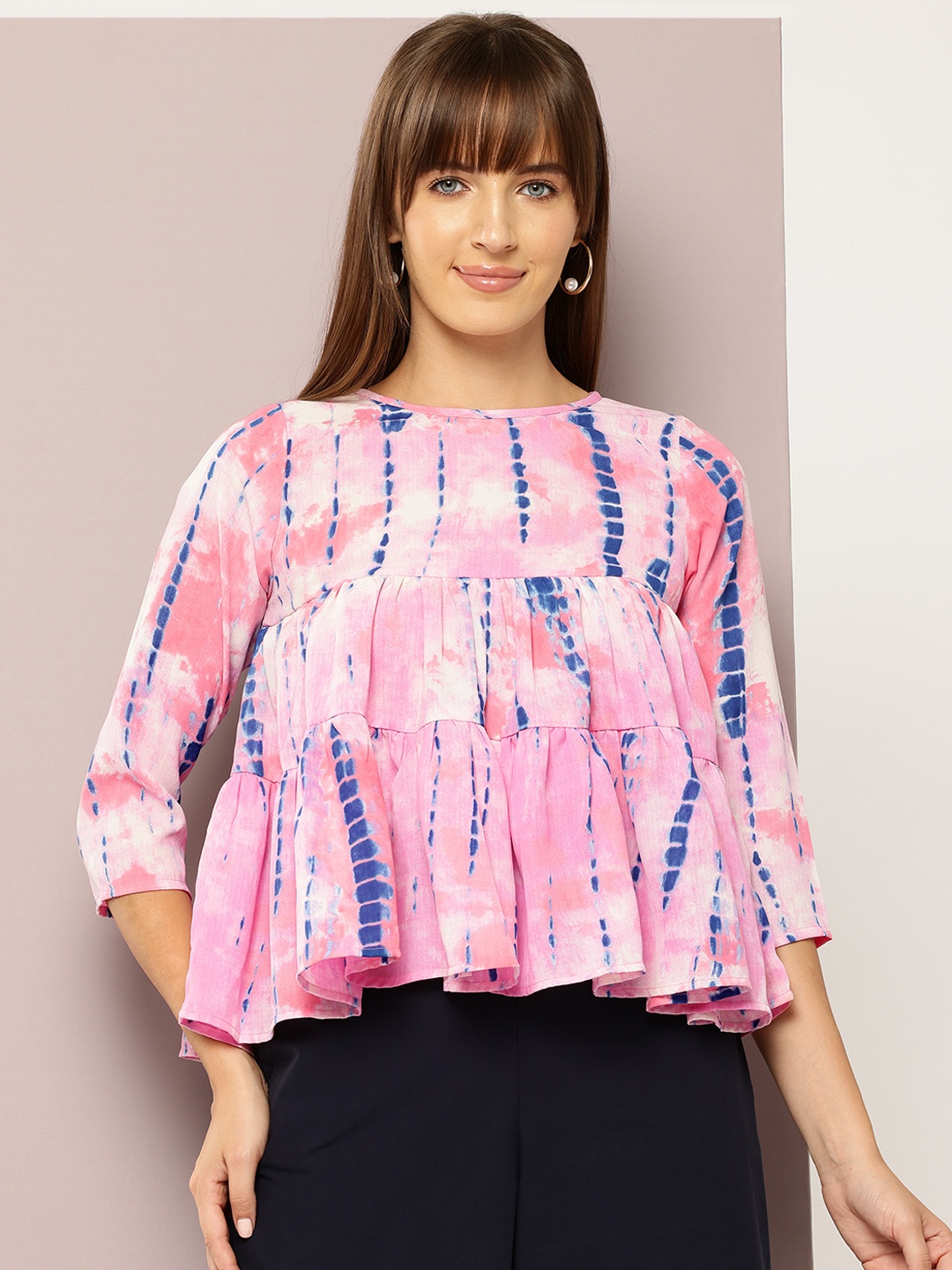 

aaliya Tie & Dye Print Peplum Crop Top, Pink
