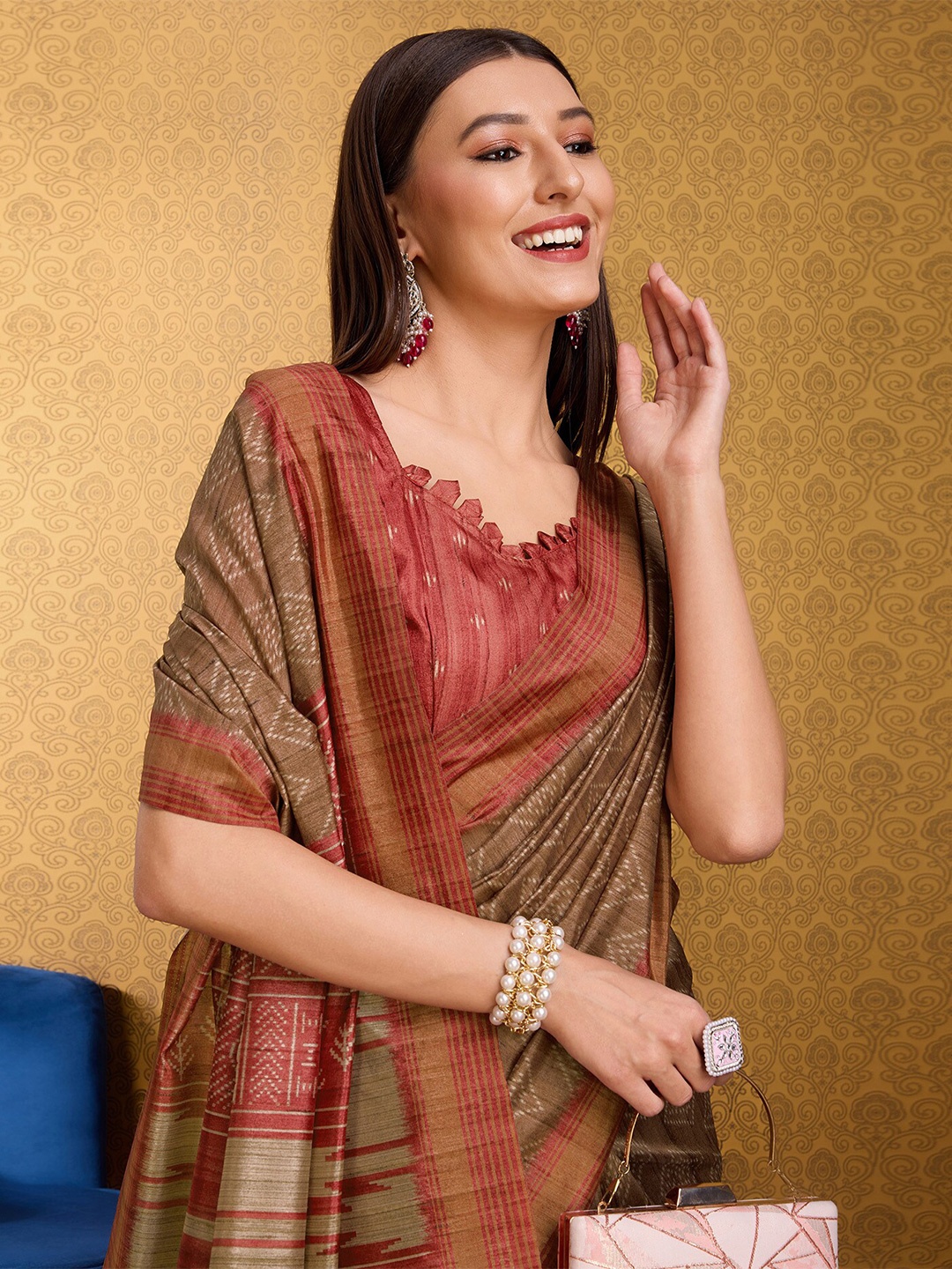 

DOI MOI Geometric Printed Silk Cotton Saree, Brown