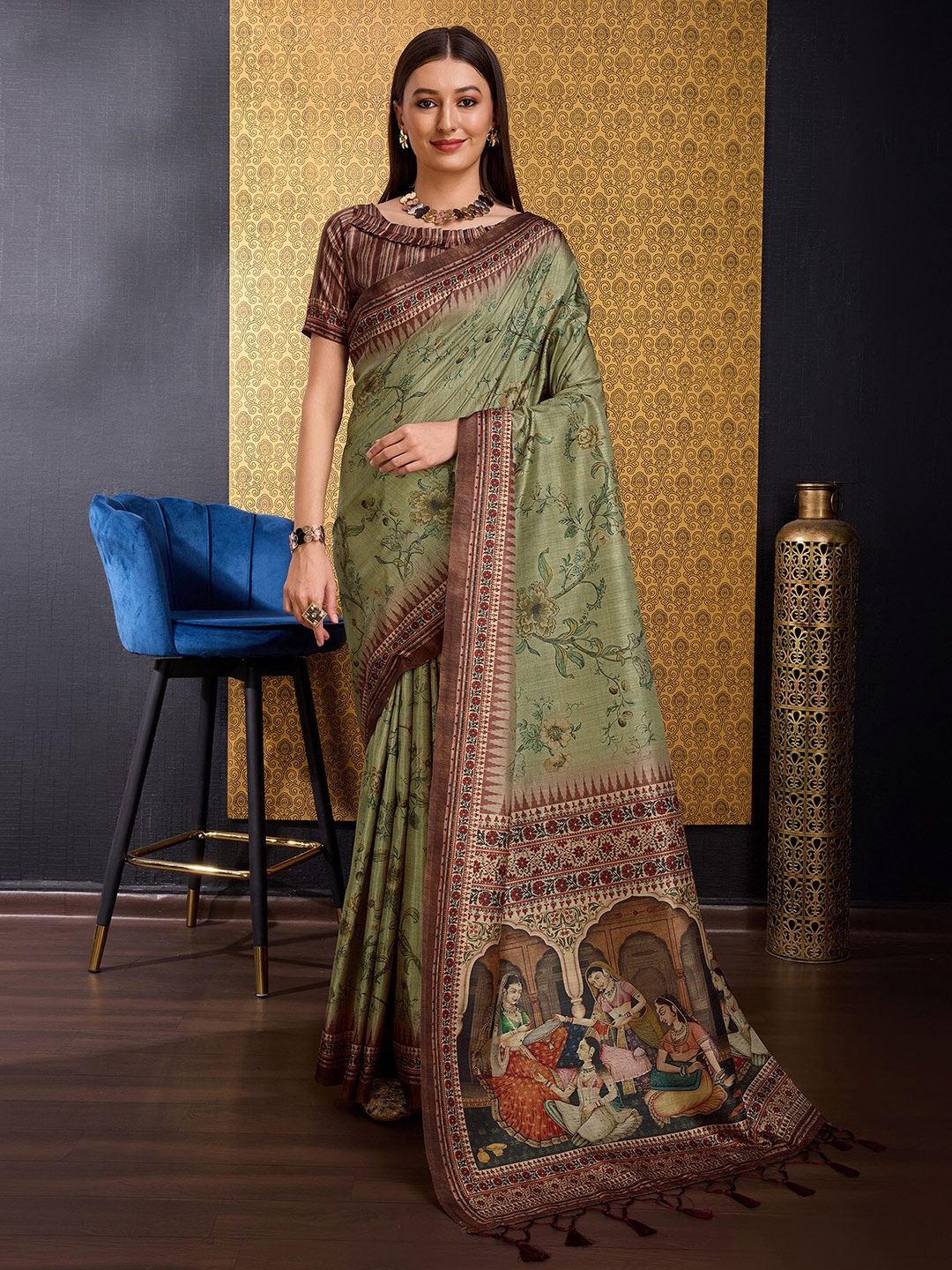 

DOI MOI Floral Printed Silk Cotton Saree, Green