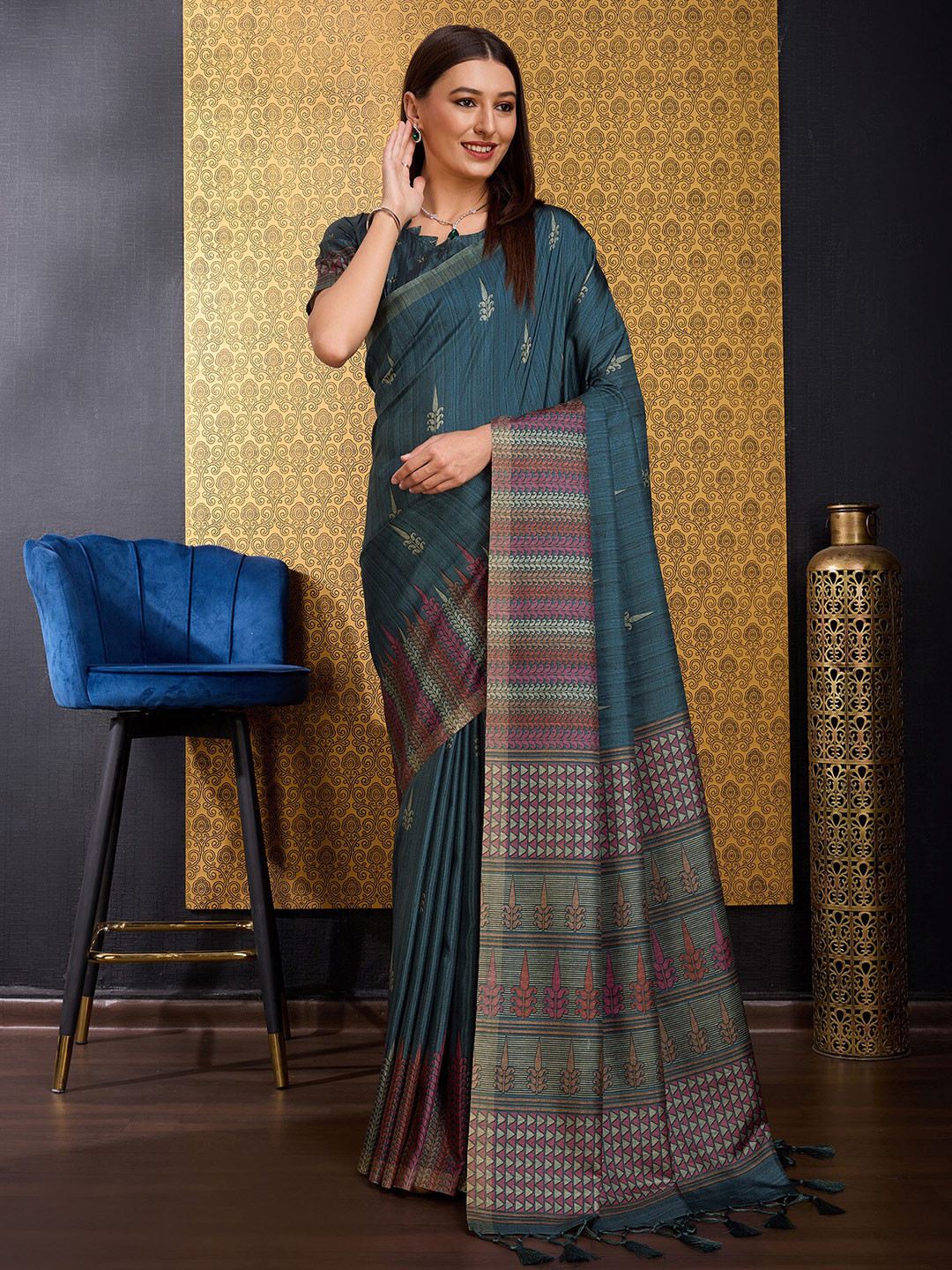 

DOI MOI Geometric Printed Silk Cotton Saree, Teal