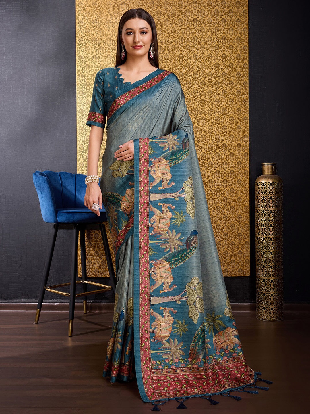 

DOI MOI Kalamkari Silk Cotton Saree, Green