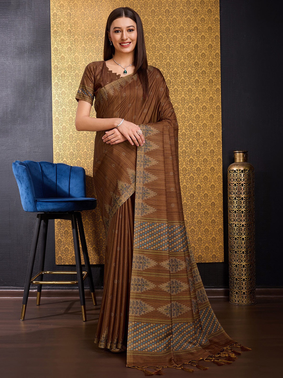 

DOI MOI Geometric Printed Silk Cotton Saree, Brown