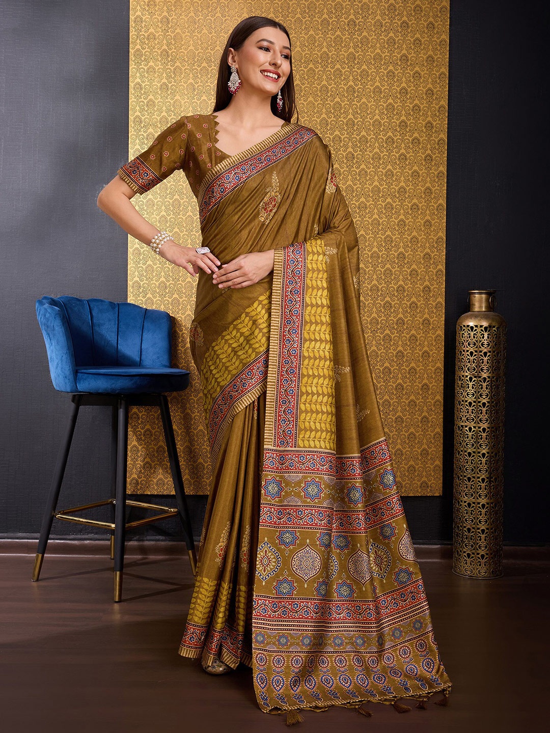 

DOI MOI Floral Printed Silk Cotton Saree, Mustard