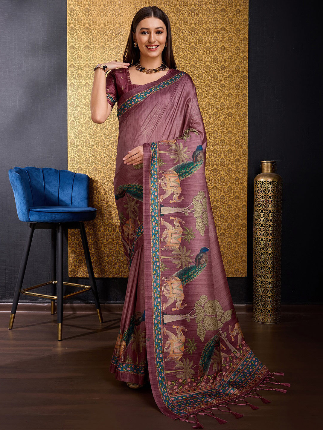 

DOI MOI Animal Printed Silk Cotton Saree, Pink