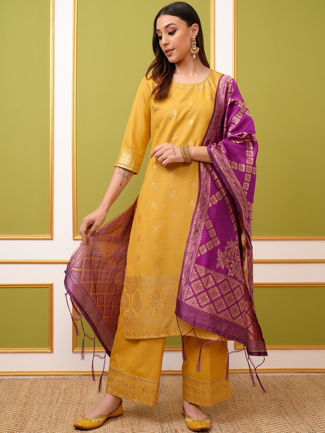 

Vishudh Yellow Ethnic Motifs Printed Regular Kurta With Palazzos & Dupatta