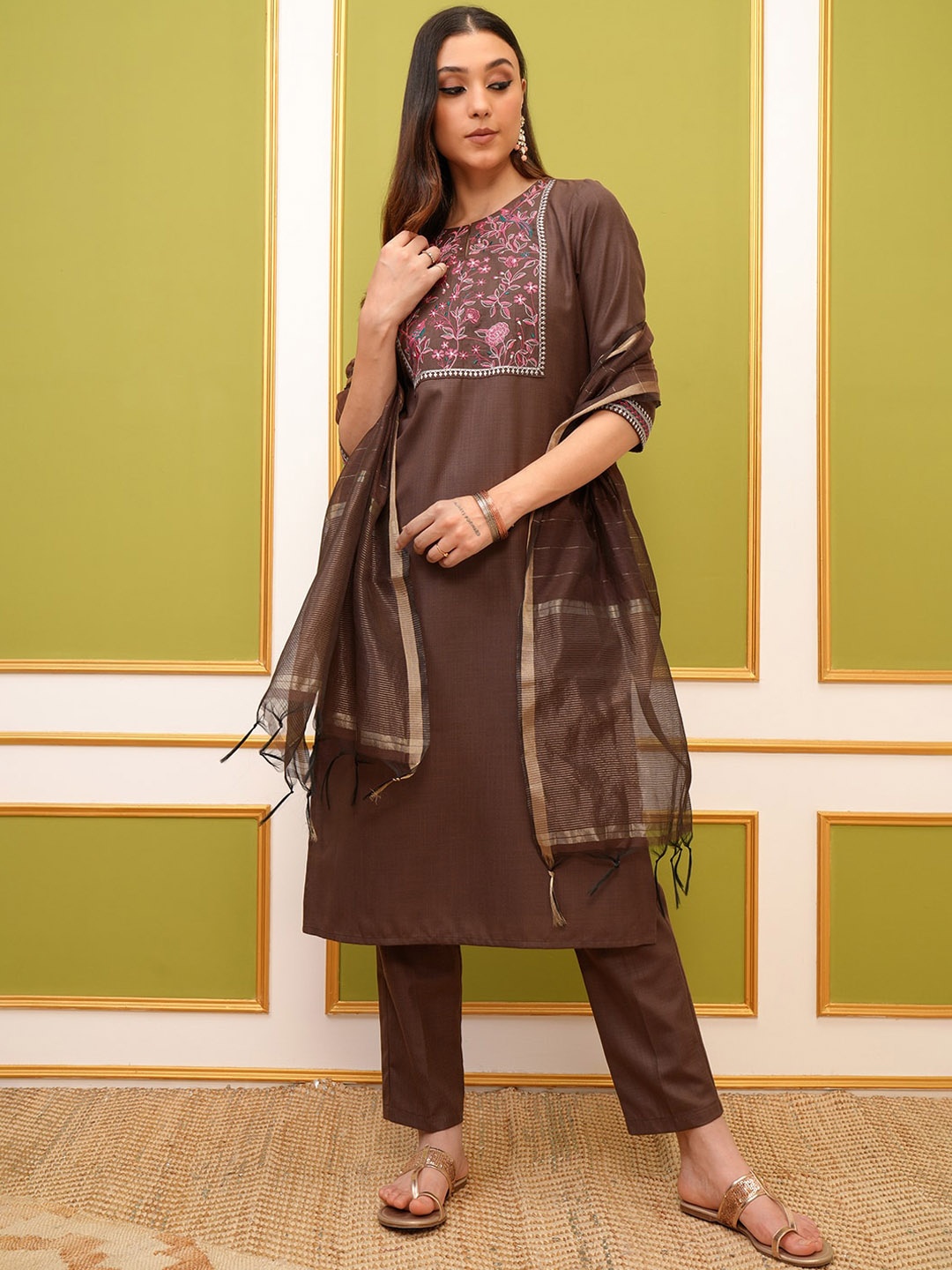 

Vishudh Brown Ethnic Motifs Embroidered Kurta & Trousers With Dupatta