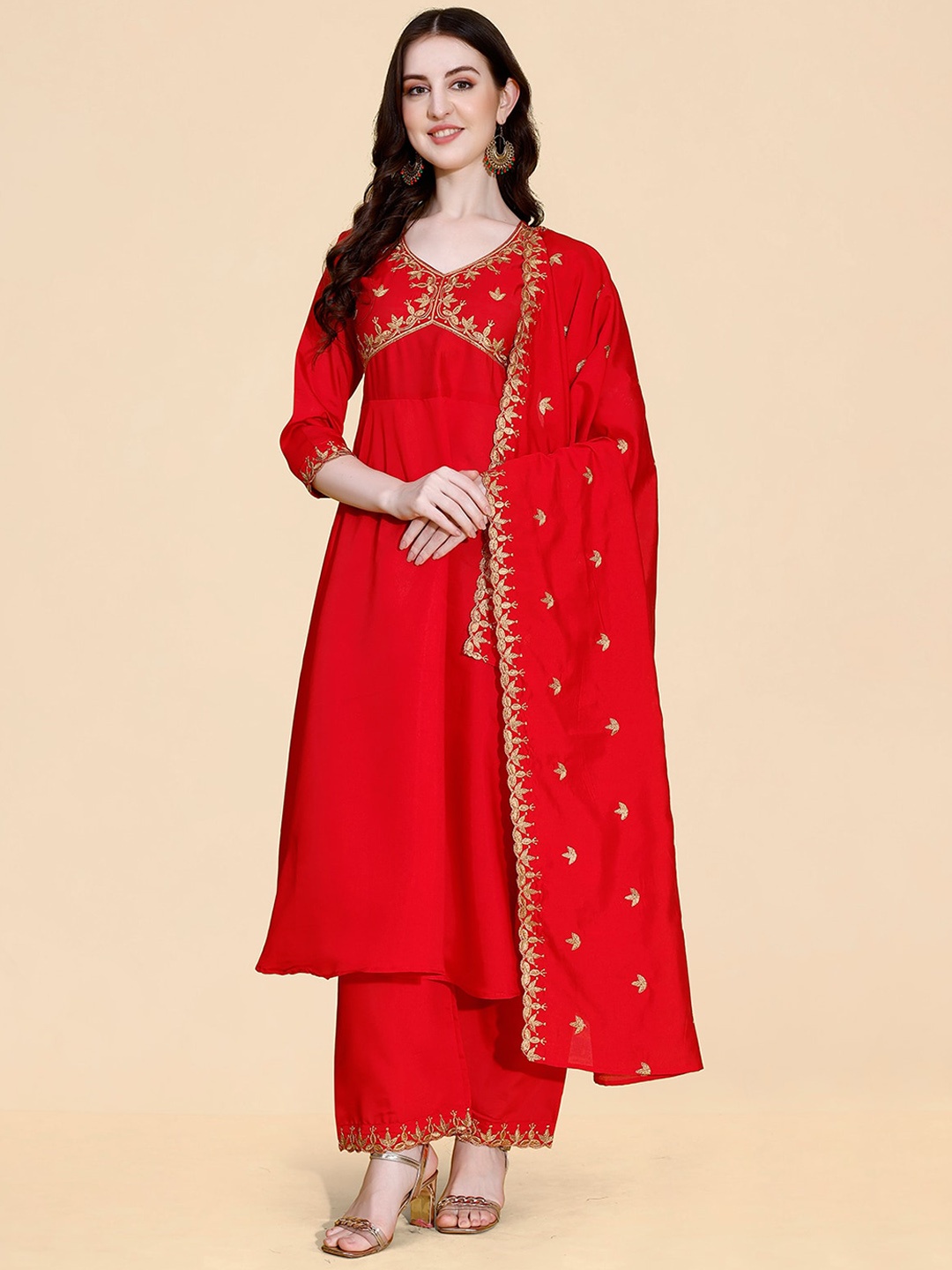 

KALINI Ethnic Motifs Embroidered Anarkali Kurta With Palazzos & Dupatta, Red