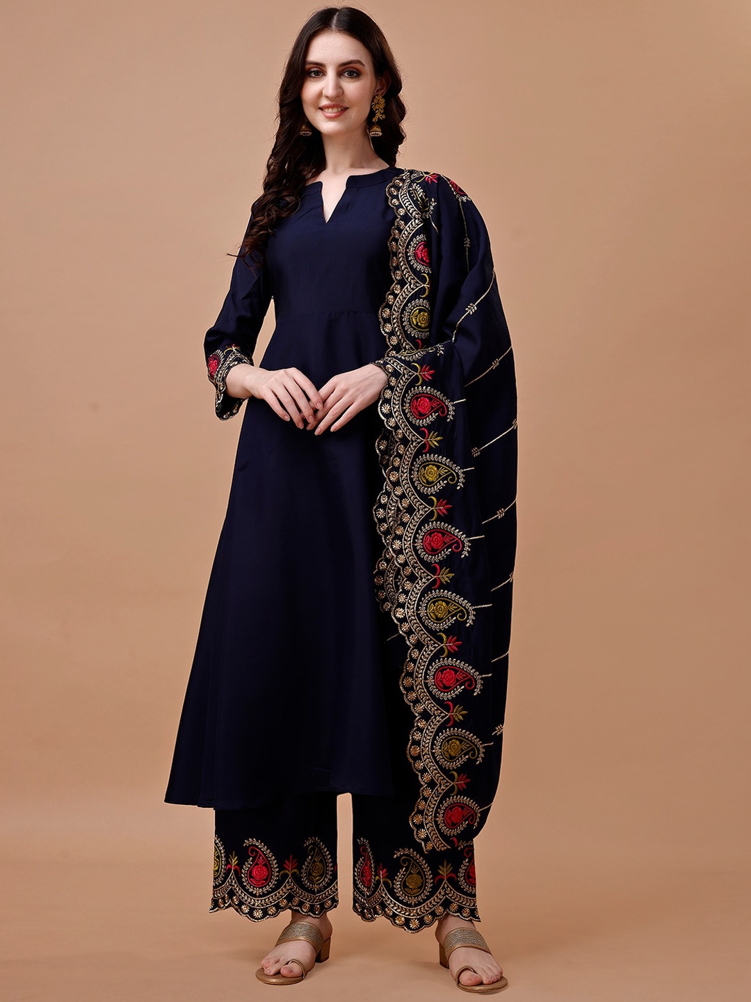 

KALINI Mandarin Collar Beads & Stones Anarkali Kurta With Palazzos & Dupatta, Navy blue
