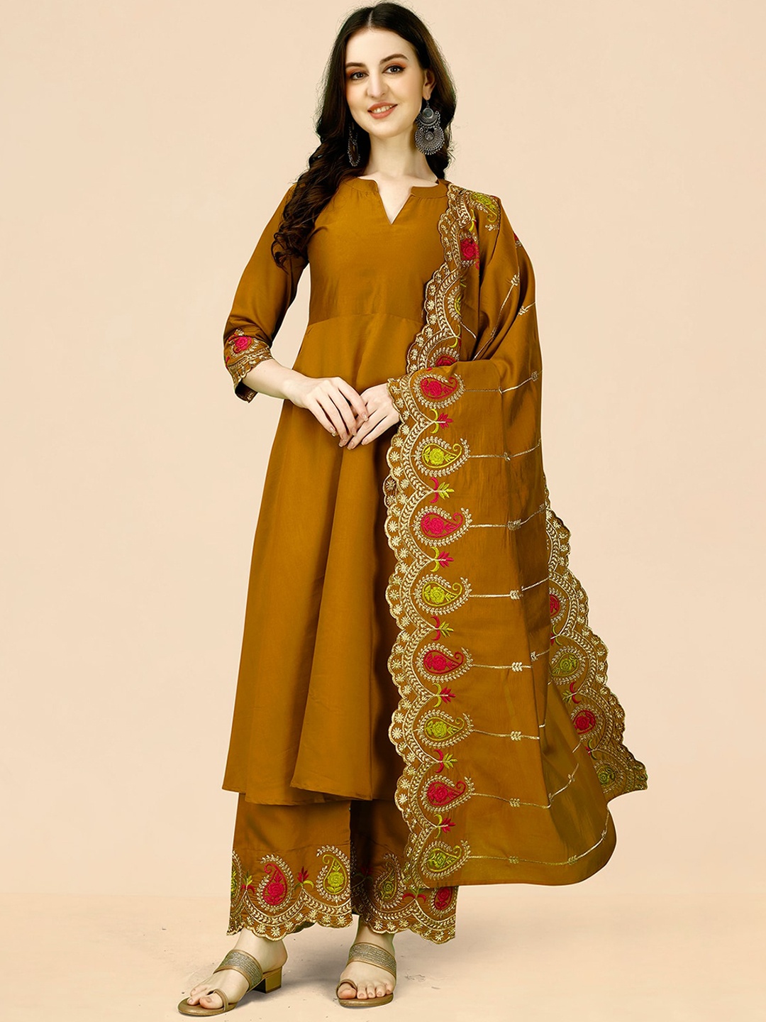 

KALINI Embroidered Empire Anarkali Kurta with Palazzos & Dupatta, Mustard