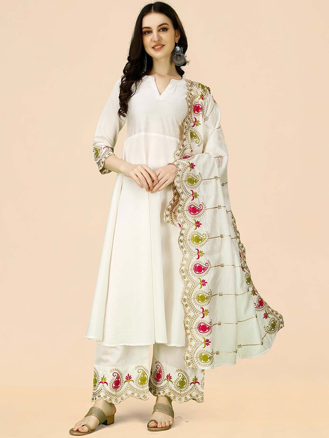 

KALINI Mandarin Collar Anarkali Kurta with Palazzos & Dupatta, White