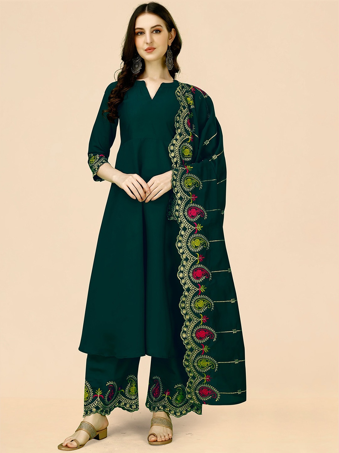 

KALINI Thread Work Anarkali Kurta with Palazzos & Dupatta, Green