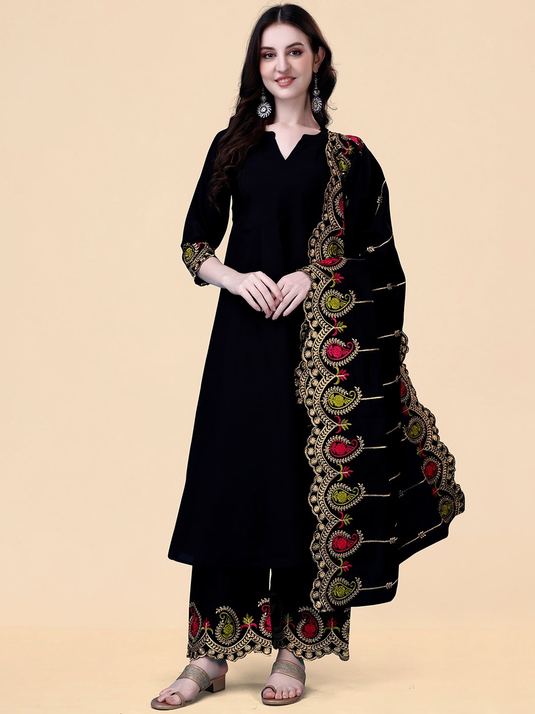 

KALINI Ethnic Motifs Embroidered Mandarin Collar Anarkali Kurta With Palazzos & Dupatta, Black