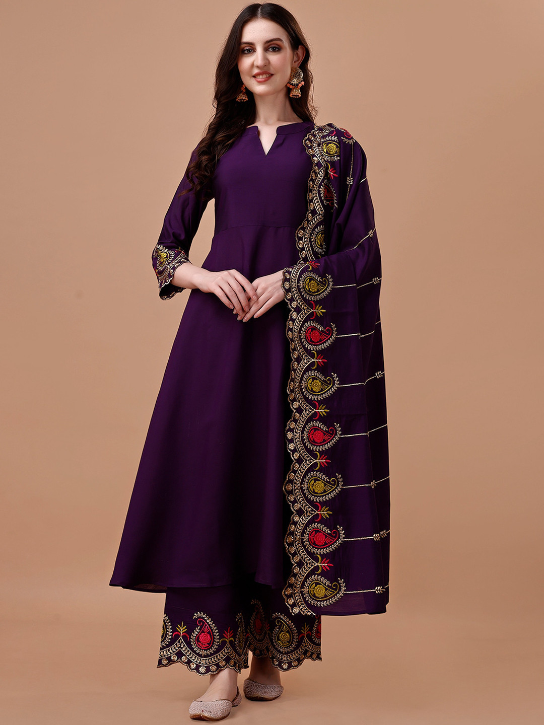 

KALINI Ethnic Motifs Embroidered Straight Kurta with Palazzos & Dupatta, Purple