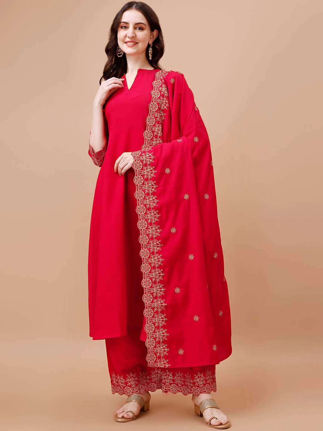 

KALINI Ethnic Motifs Mandarin Collar Thread Work Anarkali Kurta with Palazzos & Dupatta, Red