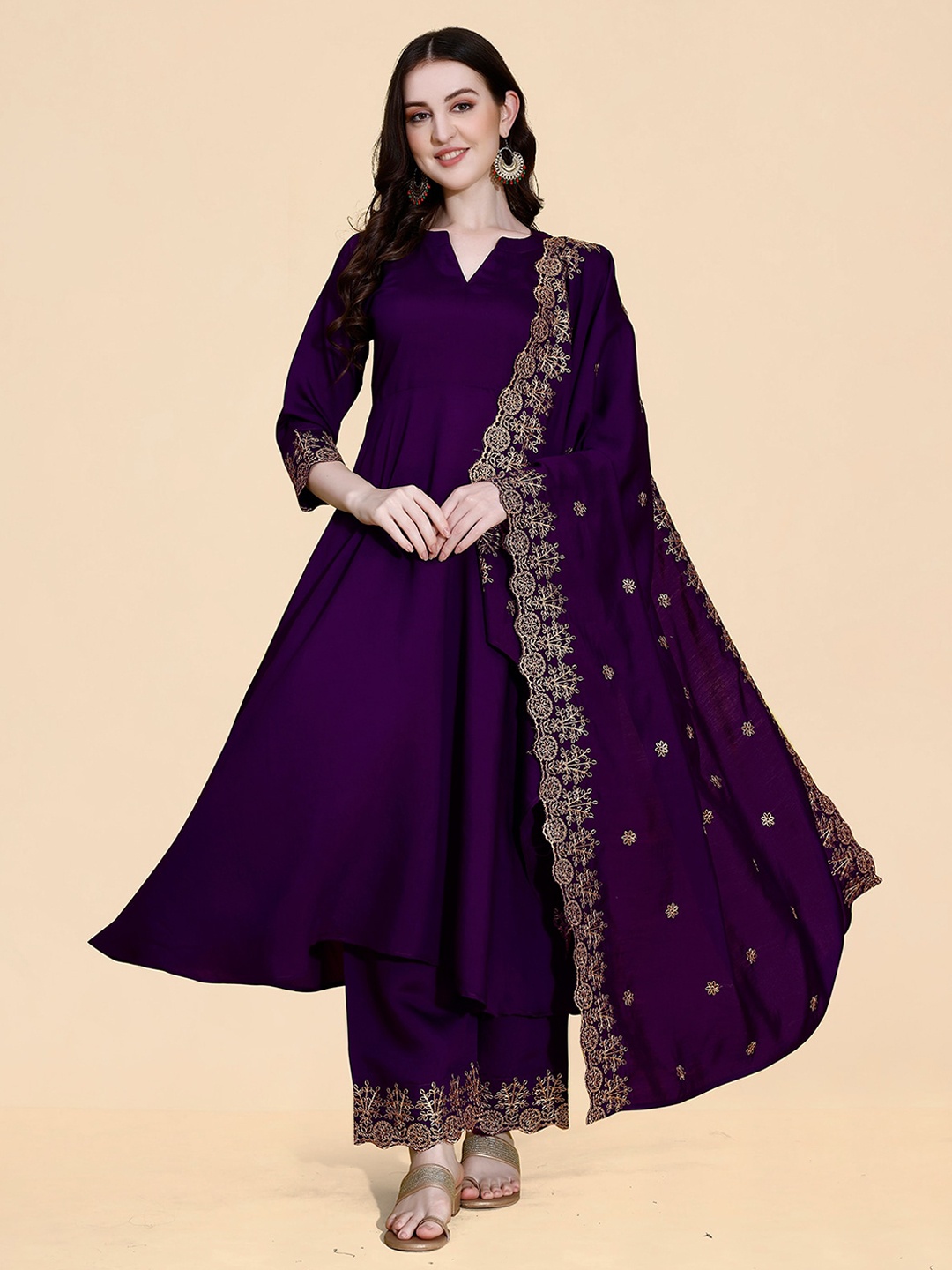 

KALINI Thread Work A-Line Kurta with Palazzos & Dupatta, Purple