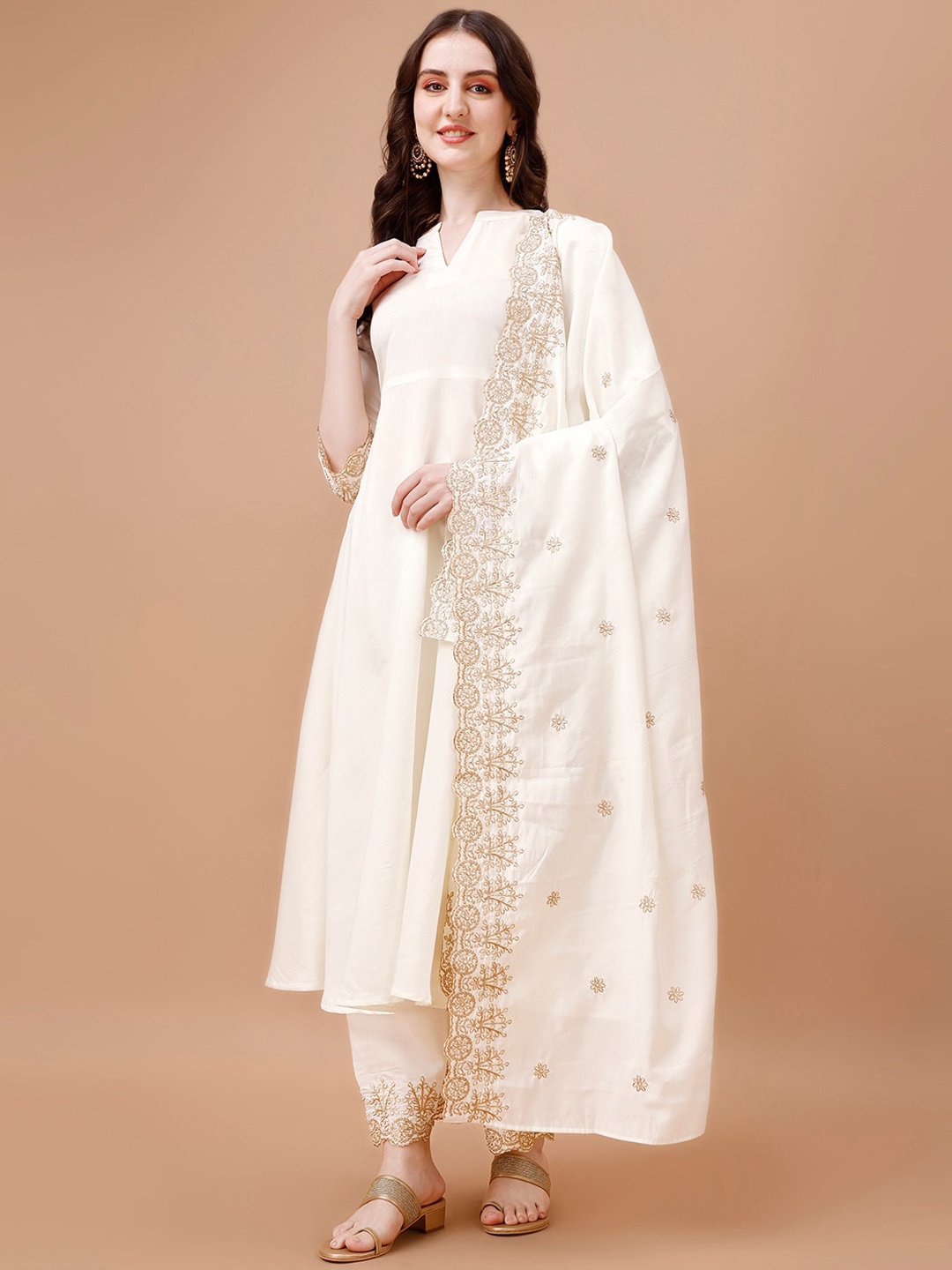 

KALINI Band Collar Anarkali Kurta with Palazzos & Dupatta, White
