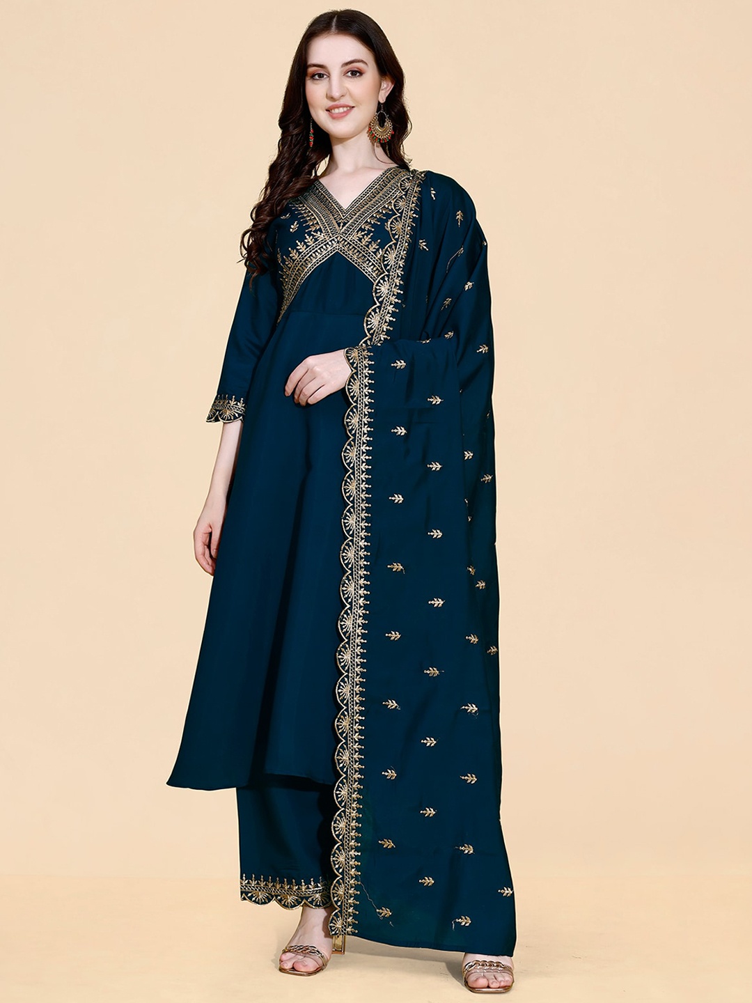 

KALINI Ethnic Motifs Embroidered Empire A-Line Kurta with Palazzos & Dupatta, Blue