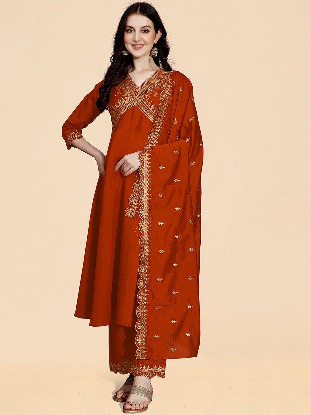 

KALINI Floral Embroidered Empire Anarkali Kurta with Palazzos & Dupatta, Rust