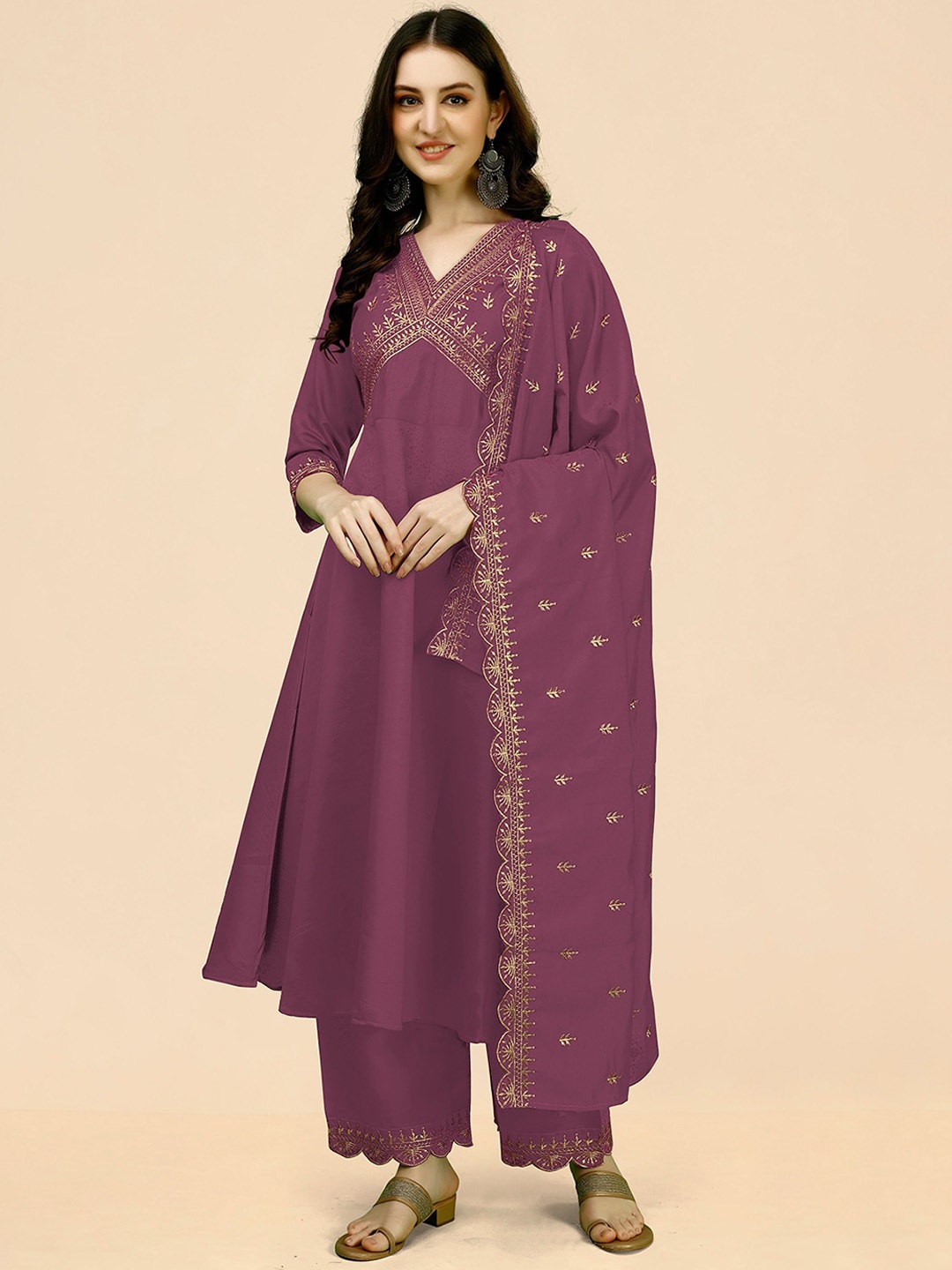 

KALINI Ethnic Motifs Embroidered Thread Work A-Line Kurta with Palazzos & Dupatta, Purple