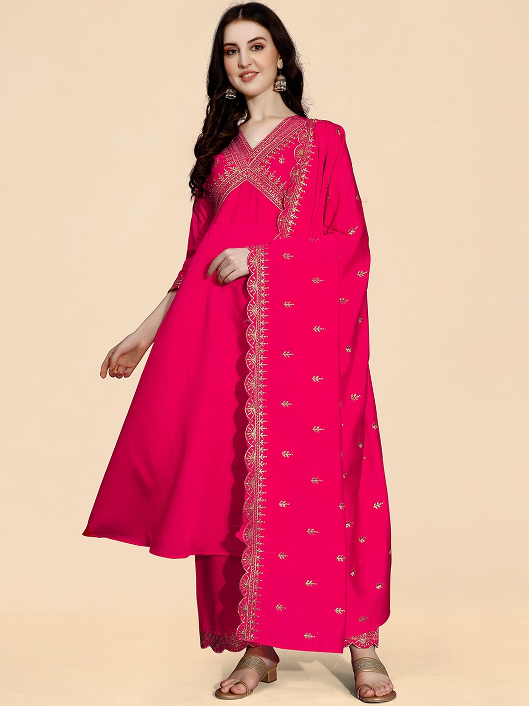 

KALINI Ethnic Motifs Embroidered Thread Work A-Line Kurta with Palazzos & Dupatta, Pink