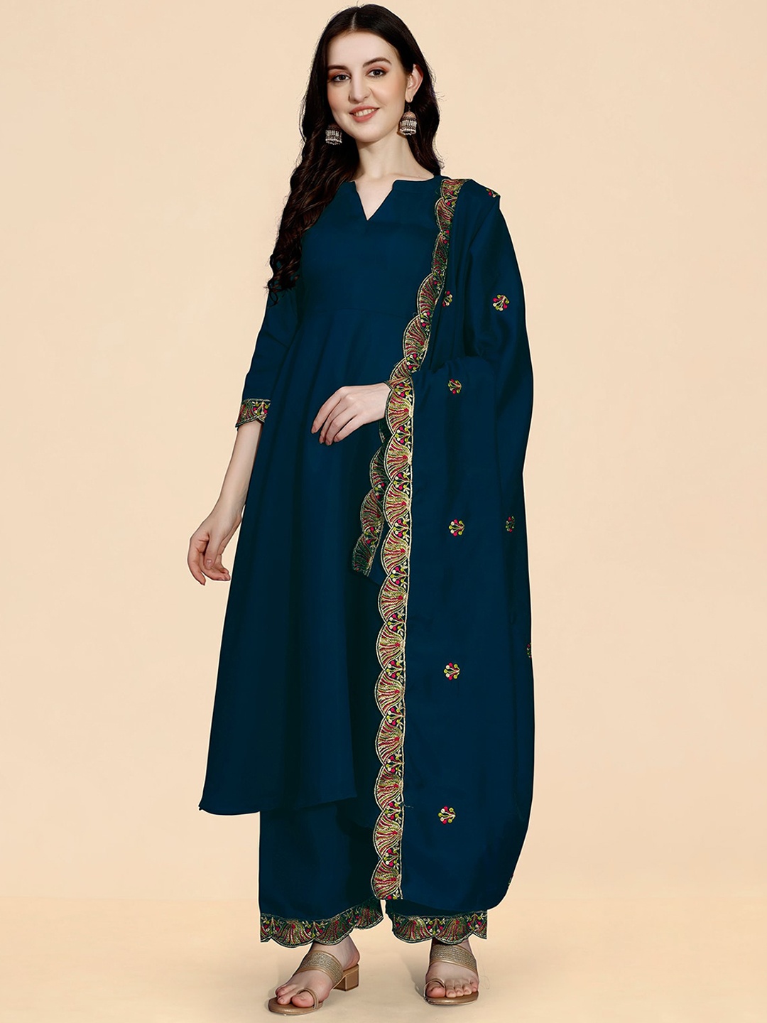 

KALINI Ethnic Motifs Embroidered Thread Work Anarkali Kurta with Palazzos & With Dupatta, Blue