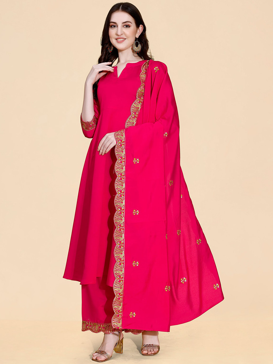 

KALINI Mandarin Collar Anarkali Kurta with Palazzos & Dupatta, Pink