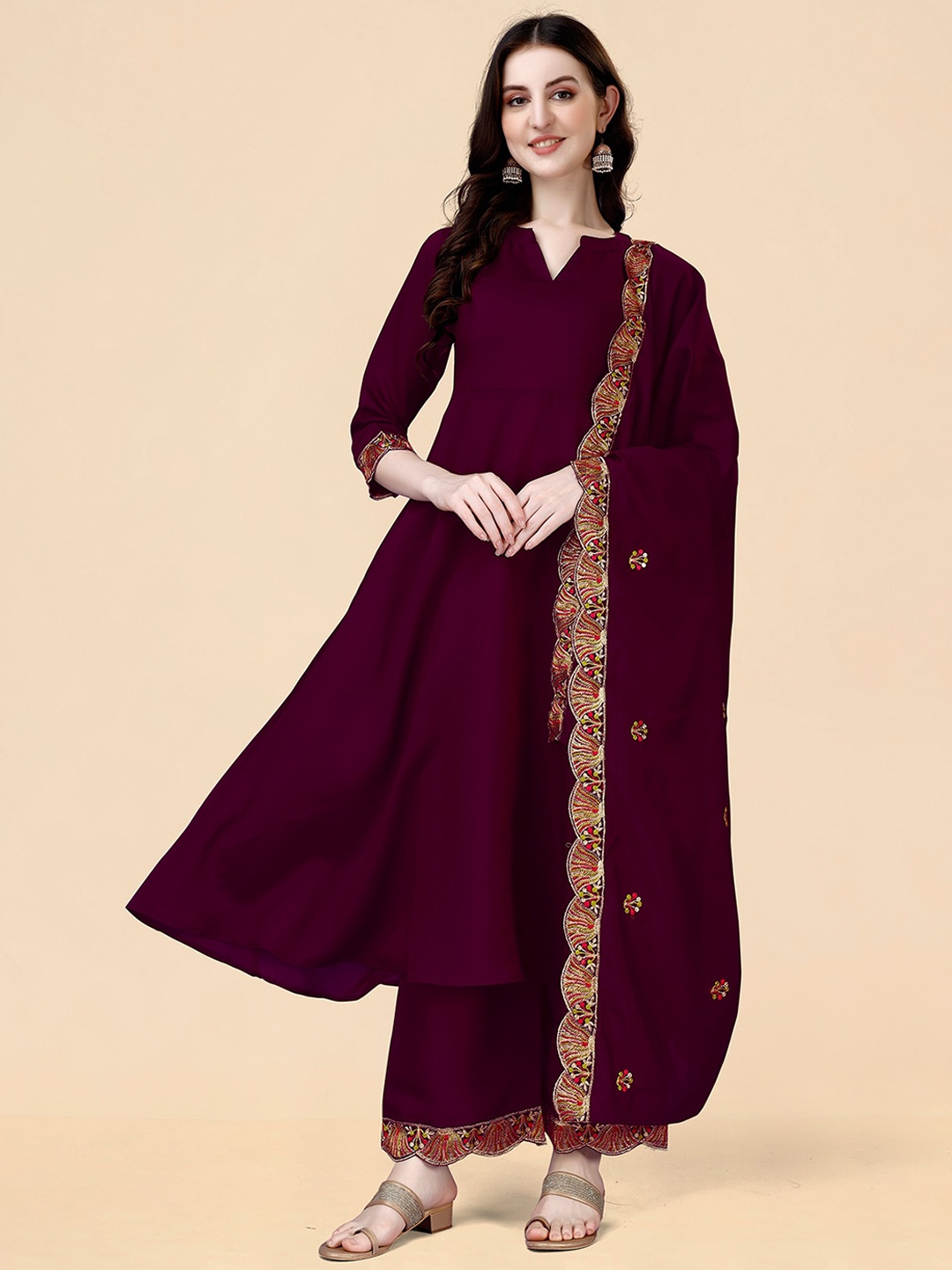 

KALINI Mandarin Collar Beads & Stones Anarkali Kurta With Palazzos & Dupatta, Purple