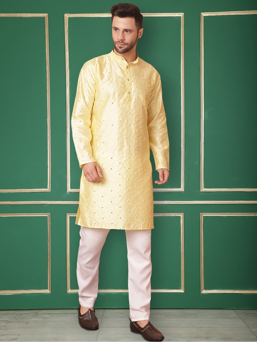 

Jompers Mandarin Collar Embroidered Mirror Work Straight Kurta with Pyjamas, Yellow