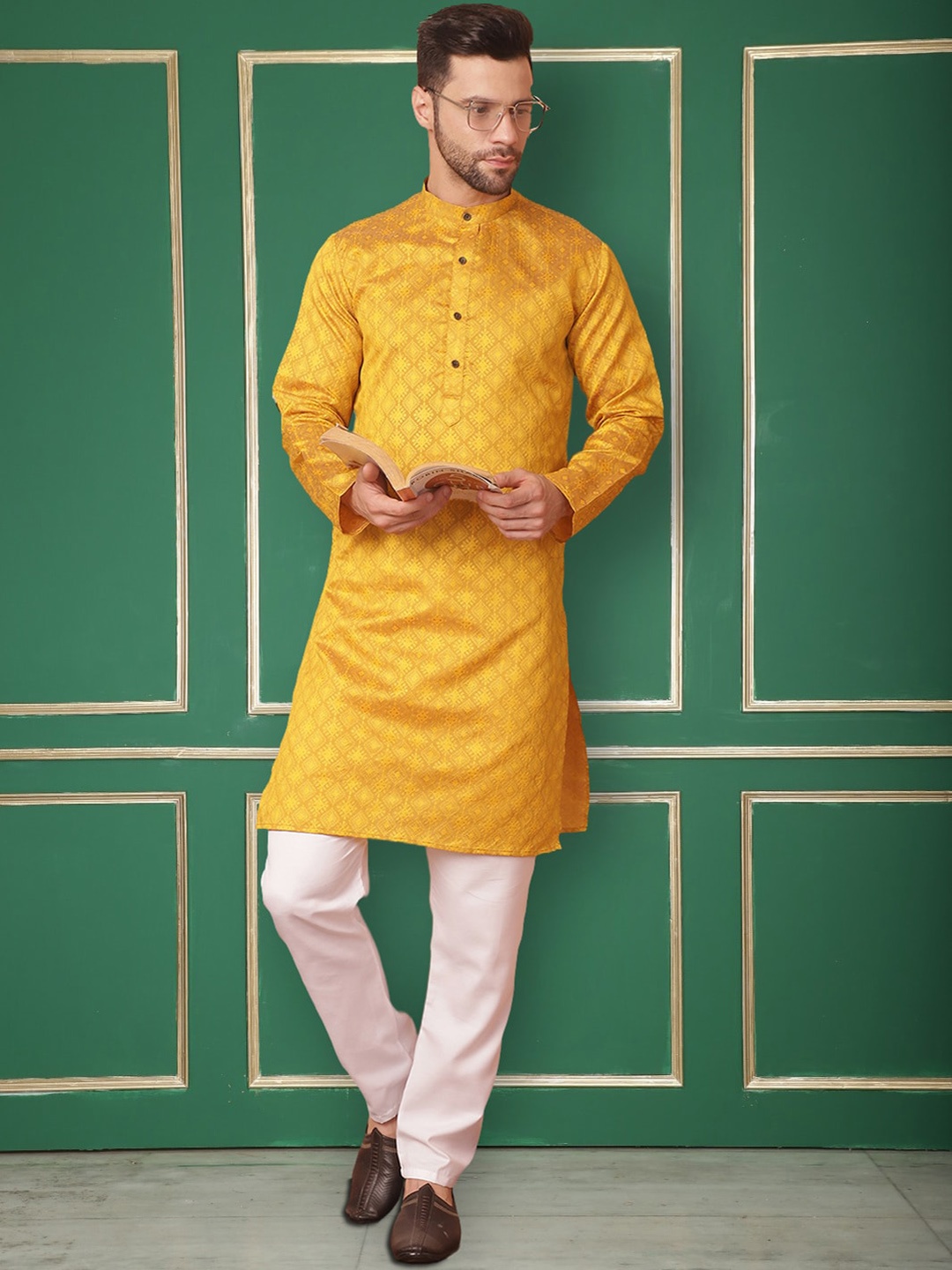 

Jompers Woven Design Mandarin Collar Kurta with Churidar, Mustard