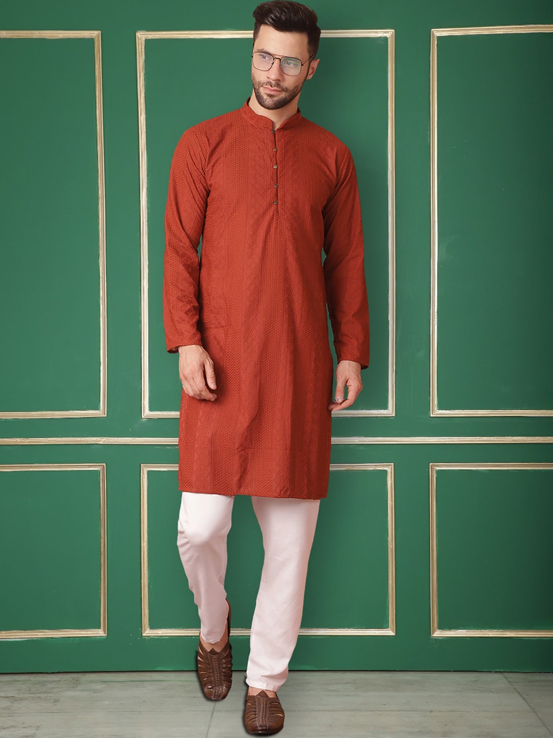 

Jompers Mandarin Collar Embroidered Chikankari Pure Cotton Straight Kurta with Churidar, Rust