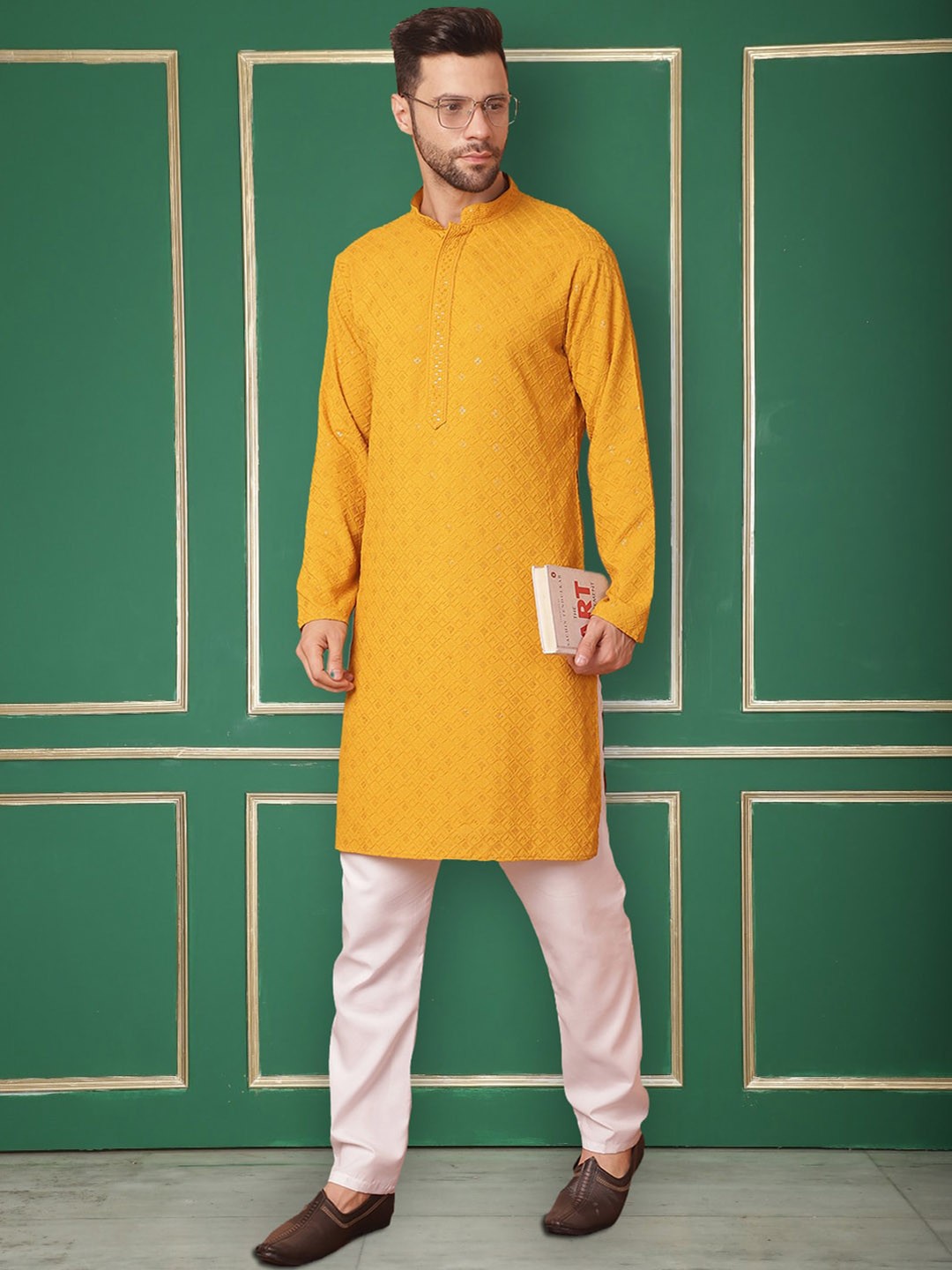 

Jompers Embroidered Mandarin Collar Sequinned Kurta with Pyjamas, Mustard