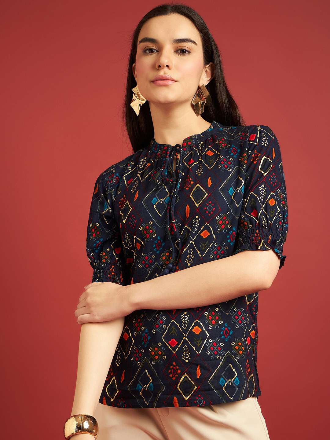 

all about you Geometric Print Tie-Up Neck Puff Sleeves Regular Top, Black