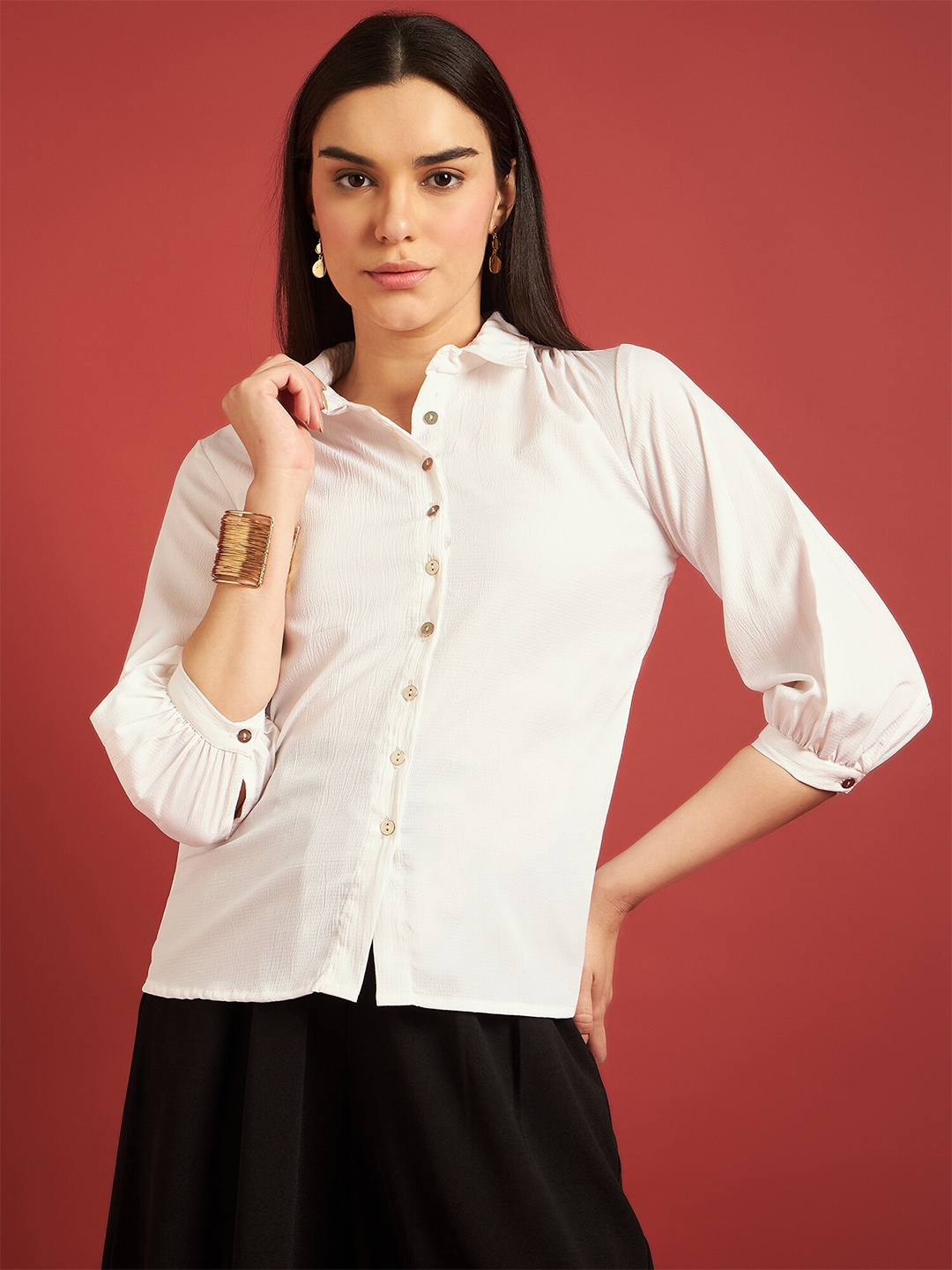 

all about you Shirt Collar Puff Sleeves Top, White