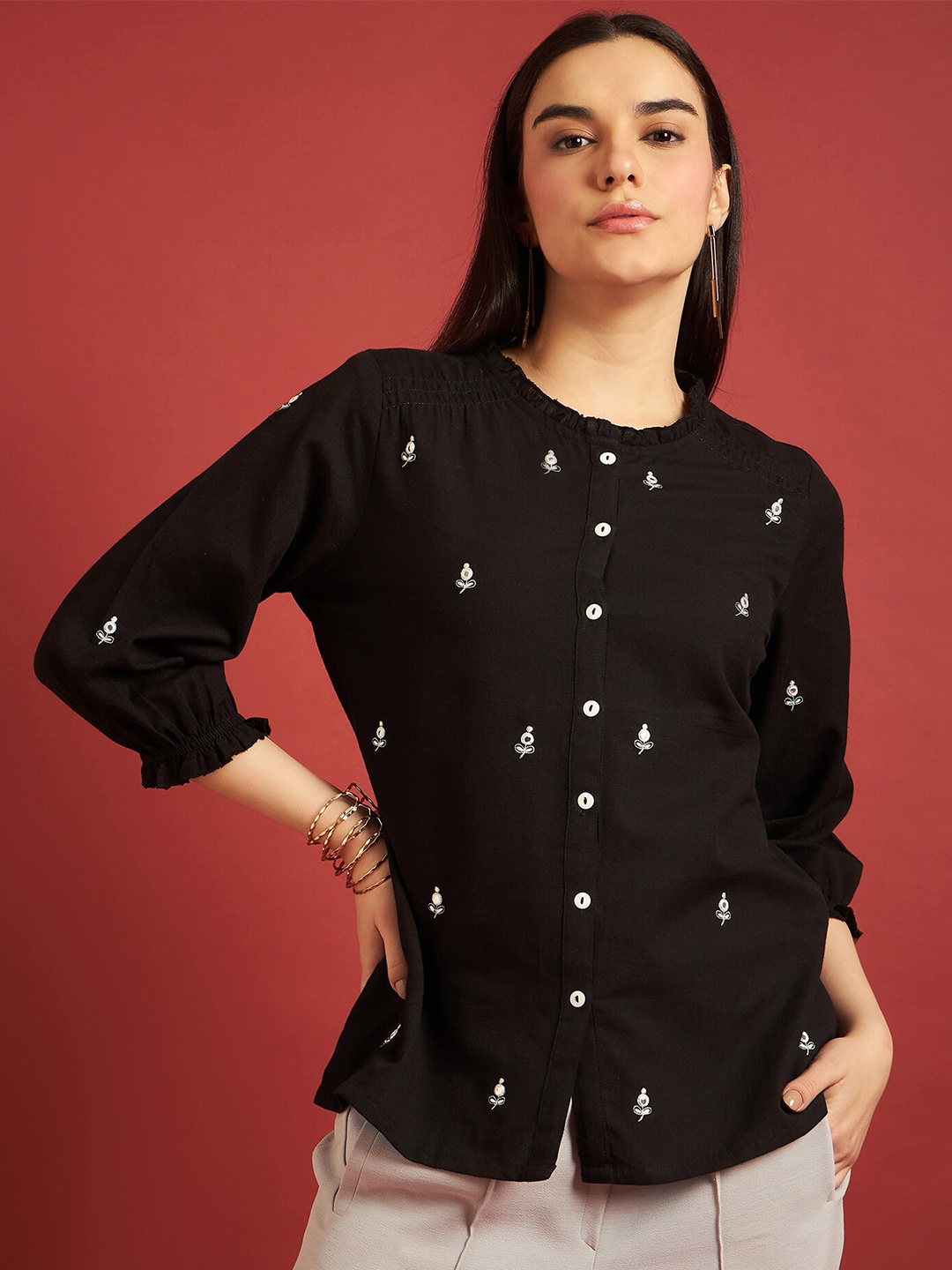 

all about you Mandarin Collar Ethnic Cotton Top, Black