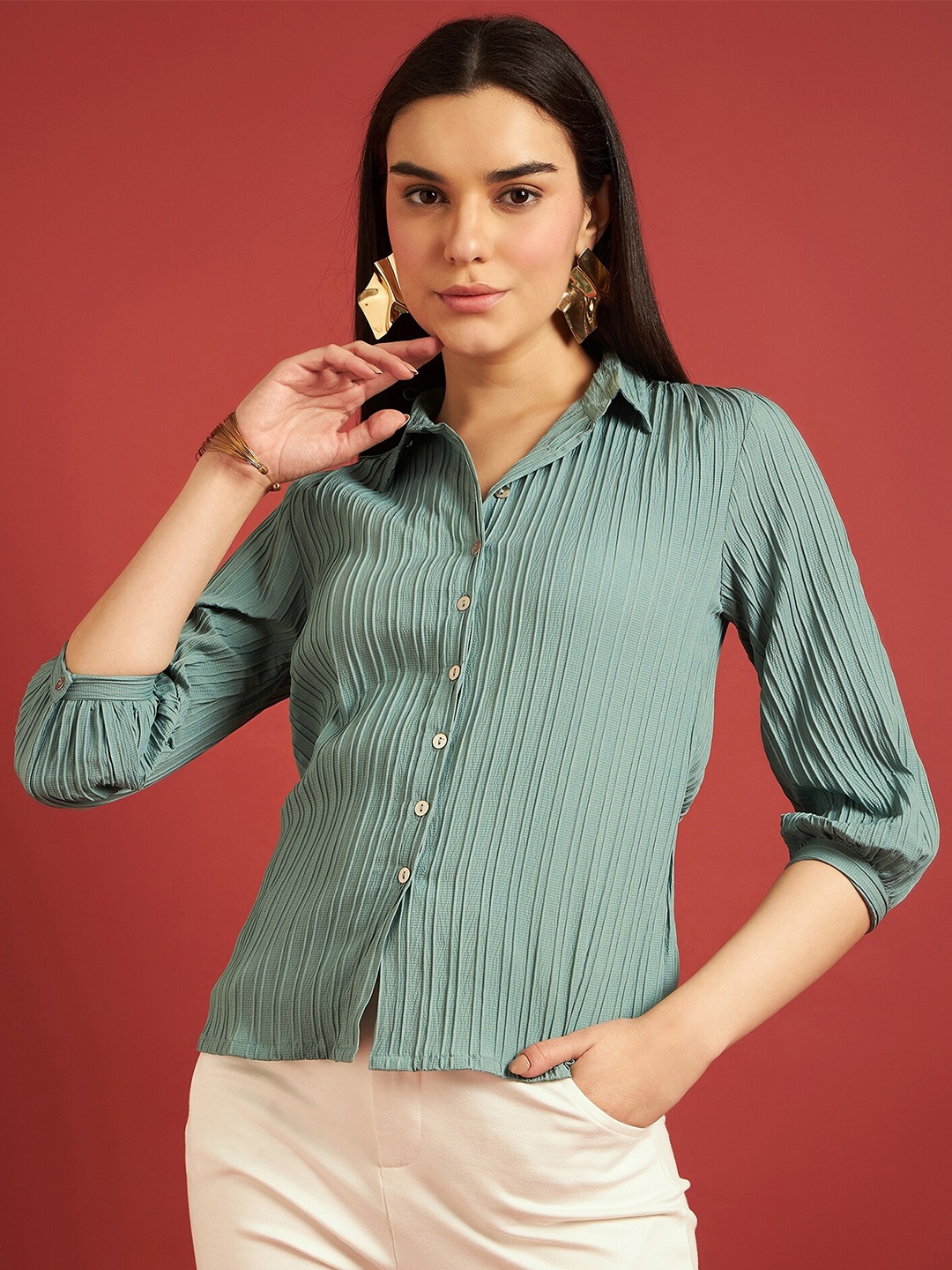 

all about you Striped Mandarin Collar Puff Sleeve Top, Grey