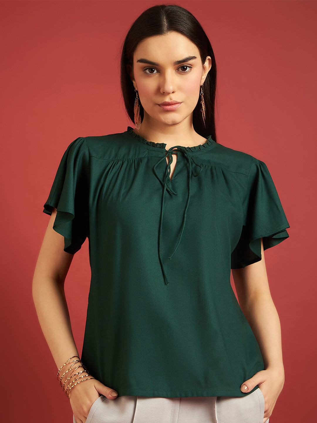 

all about you Tie-Up Neck Flared Sleeves Regular Top, Green