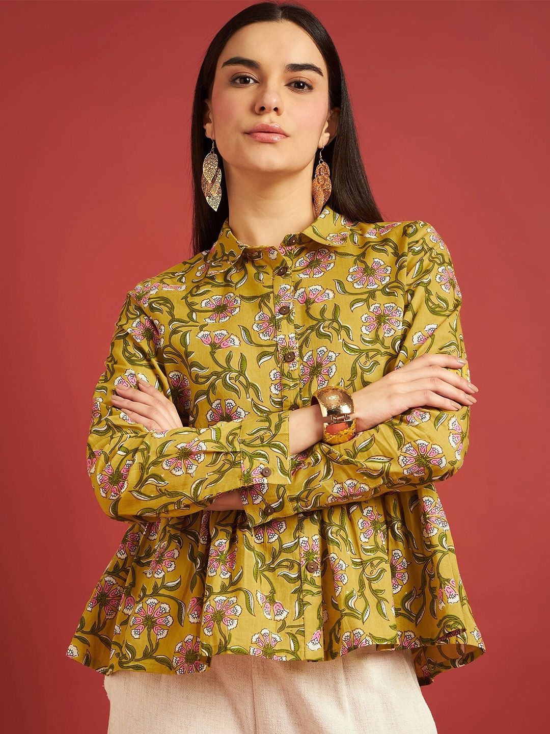 

all about you Floral Print Shirt Collar Cuffed Sleeves Empire Top, Mustard