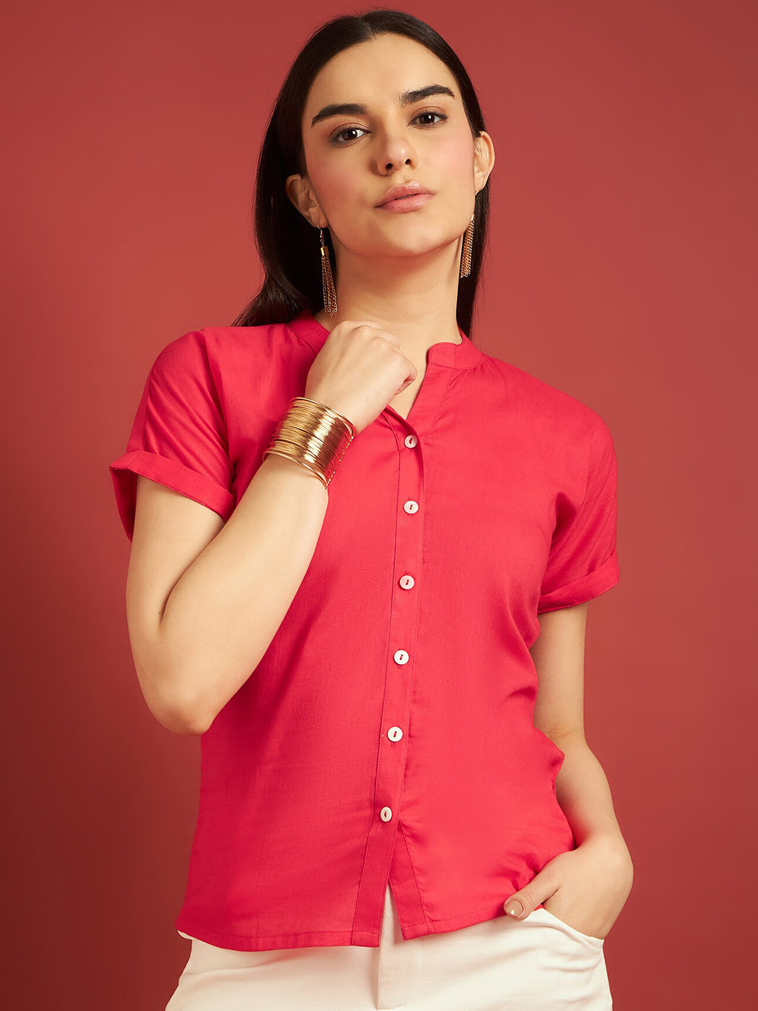 

all about you Mandarin Collar Short Sleeves Regular Top, Red
