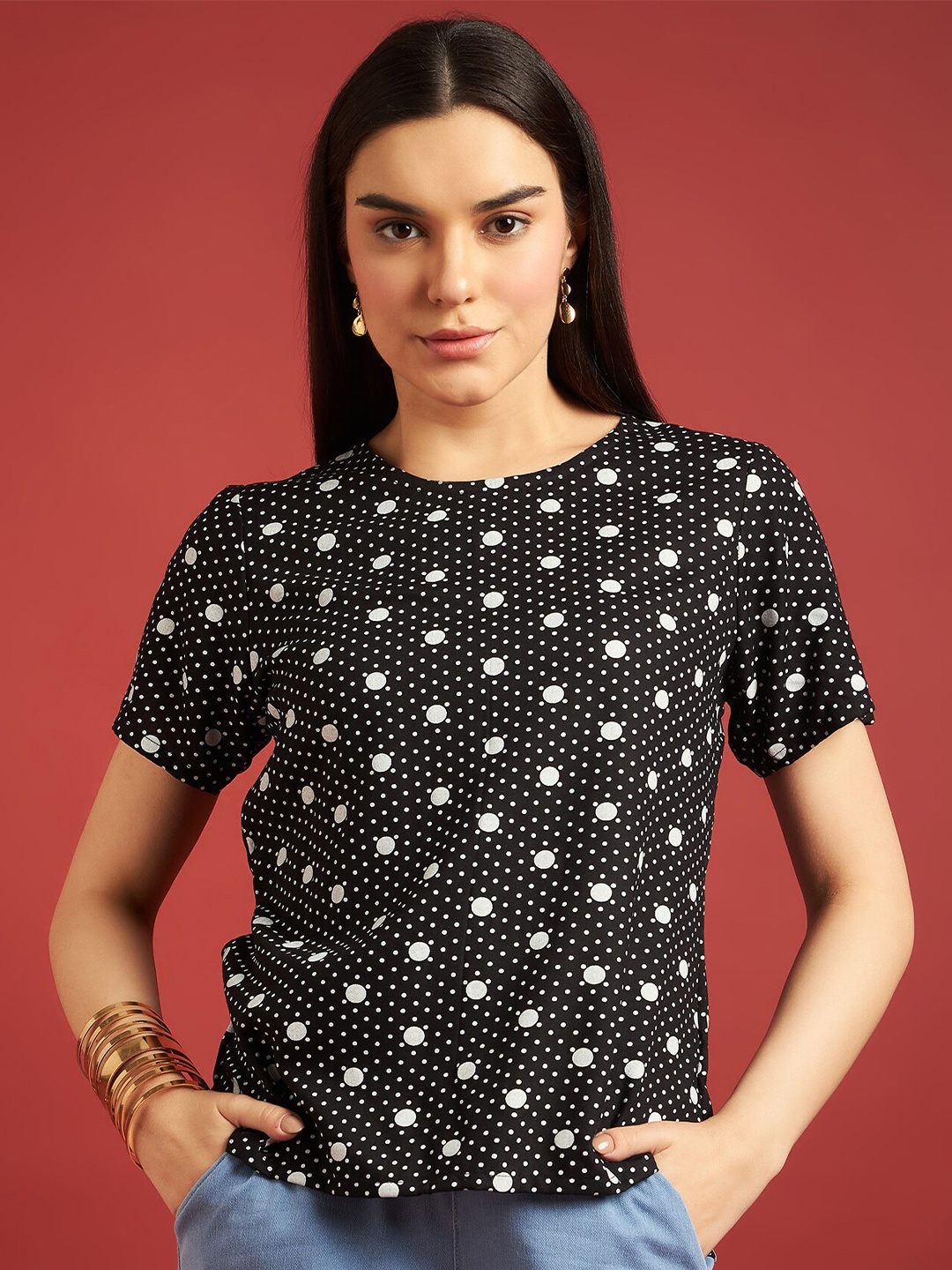 

all about you Polka Dot Printed Round Neck Top, Black