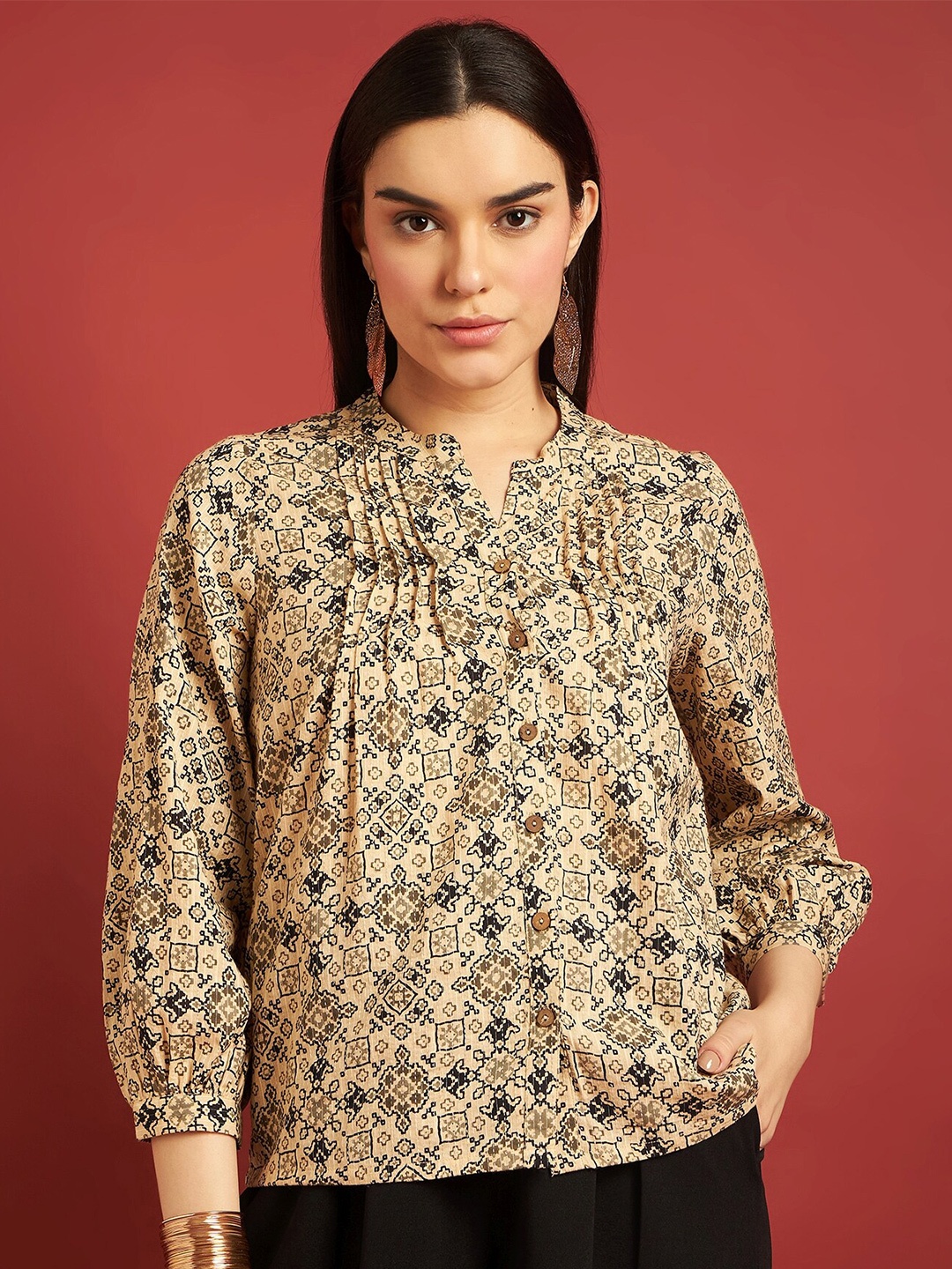 

all about you Floral Print Mandarin Collar Cotton Top, Cream