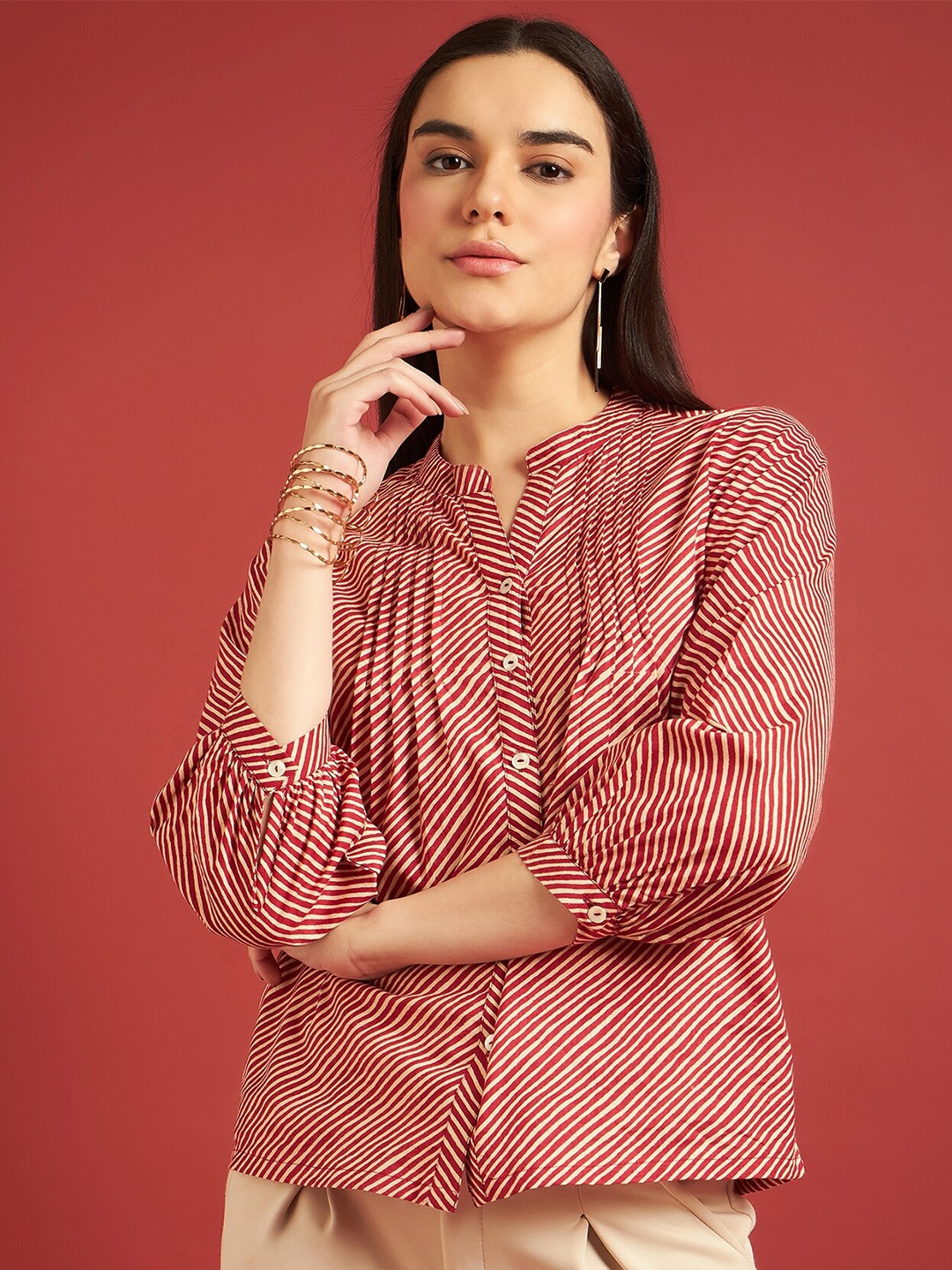 

all about you Striped Mandarin Collar Puff Sleeves Cotton Top, Red