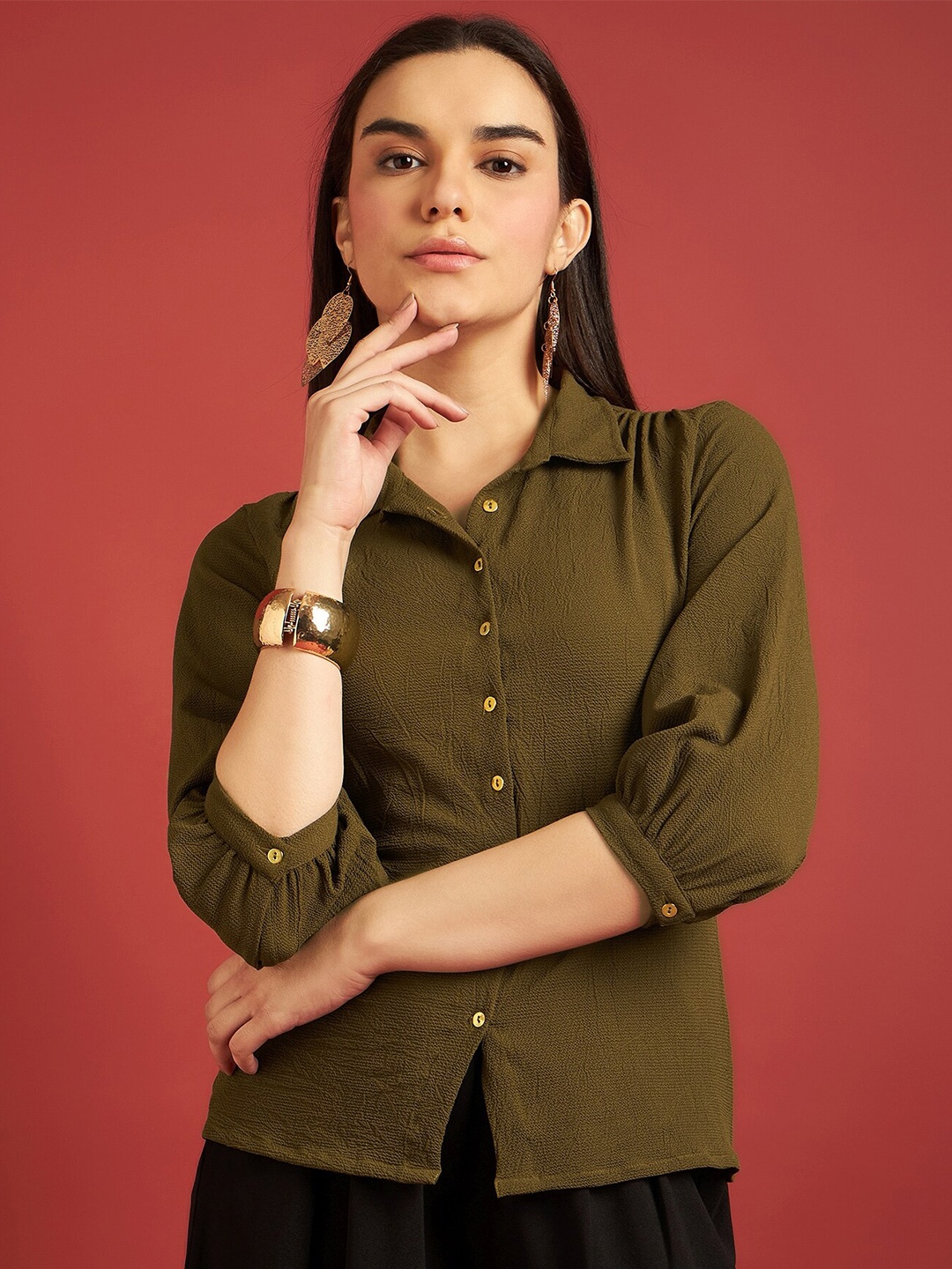 

all about you Self Designed Puff Sleeve Shirt Style Top, Olive
