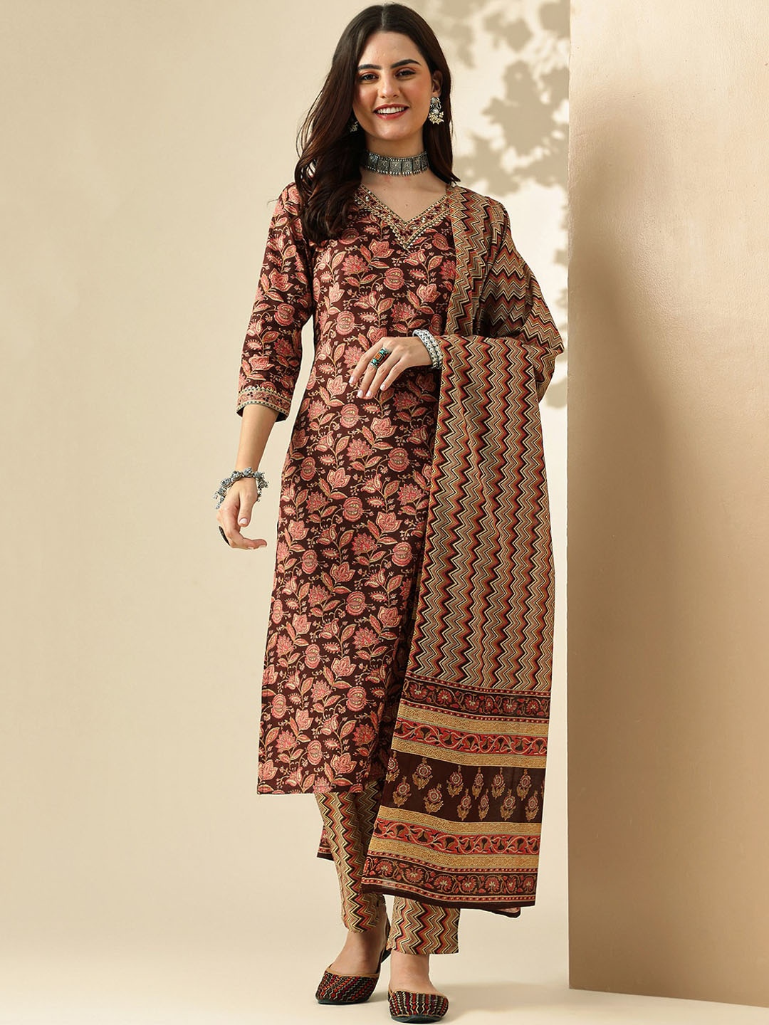 

KALINI Floral Printed V-Neck Thread Work Pure Cotton Kurta with Trousers & With Dupatta, Maroon
