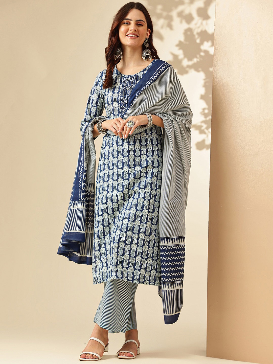 

KALINI Ethnic Motifs Printed Cotton Straight Kurta with Trousers & Dupatta, Navy blue