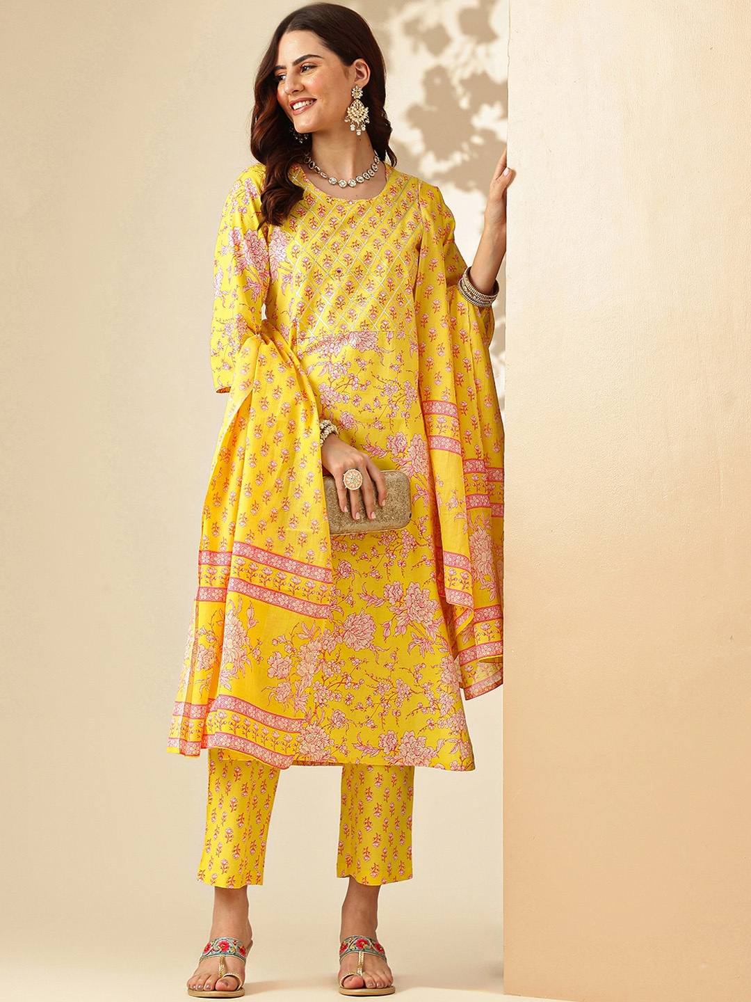 

KALINI Floral Printed Gotta Patti Pure Straight Cotton Kurta with Trousers & Dupatta, Yellow