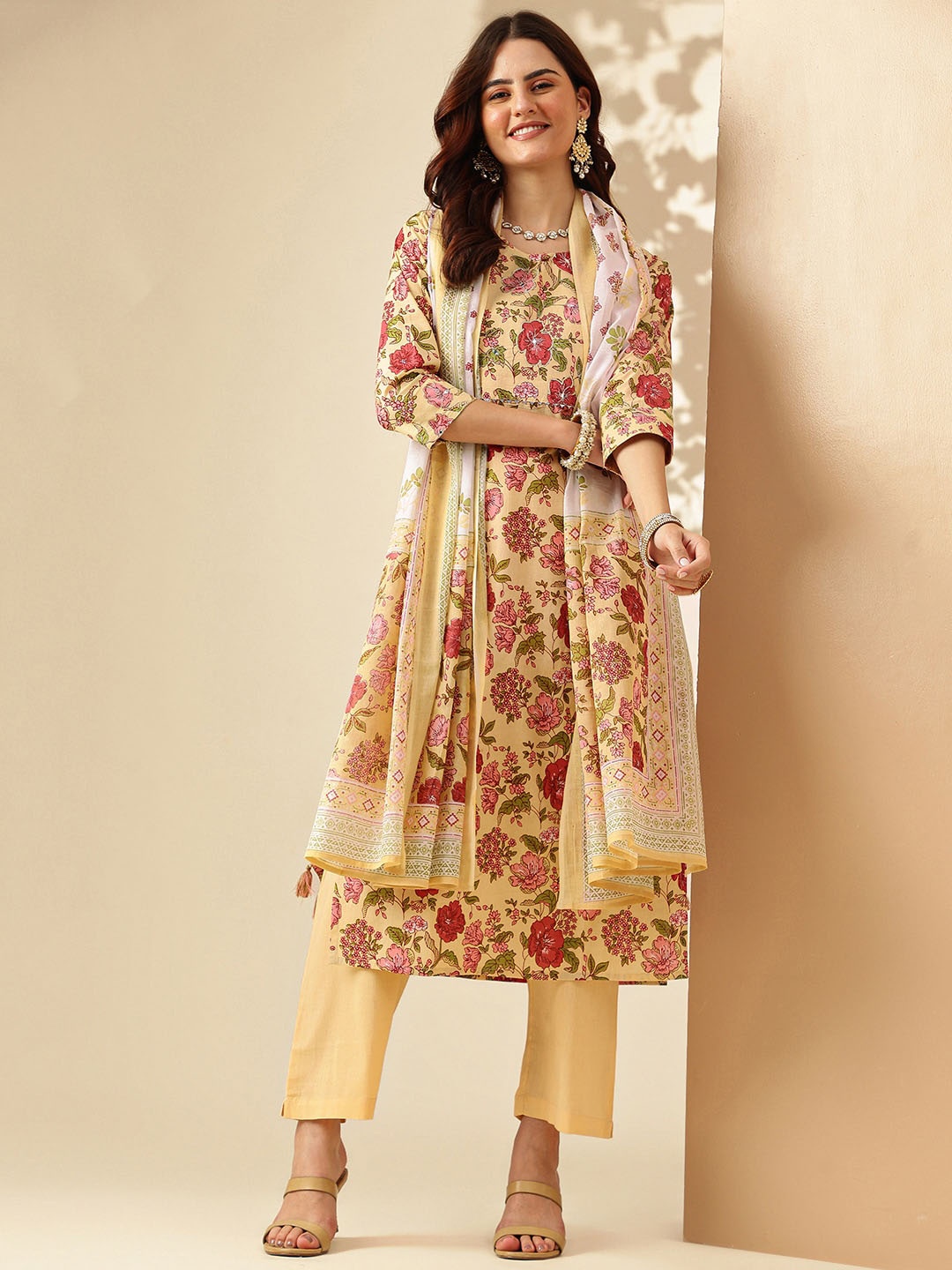

KALINI Floral Printed Mirror Work Pure Cotton Straight Kurta With Trousers & Dupatta, Yellow