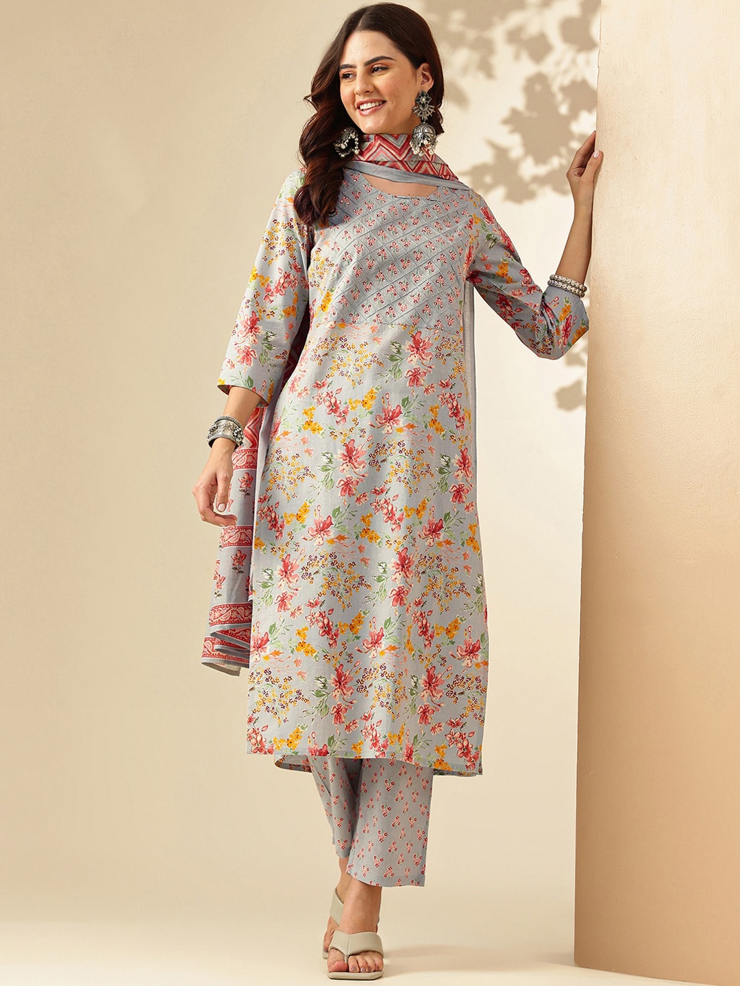 

KALINI Floral Printed Straight Sequinned Pure Cotton Kurta with Trousers & Dupatta, Grey