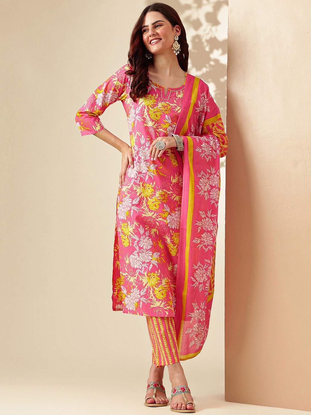 

KALINI Floral Printed Round Neck Pure Cotton Straight Kurta with Trousers & With Dupatta, Pink
