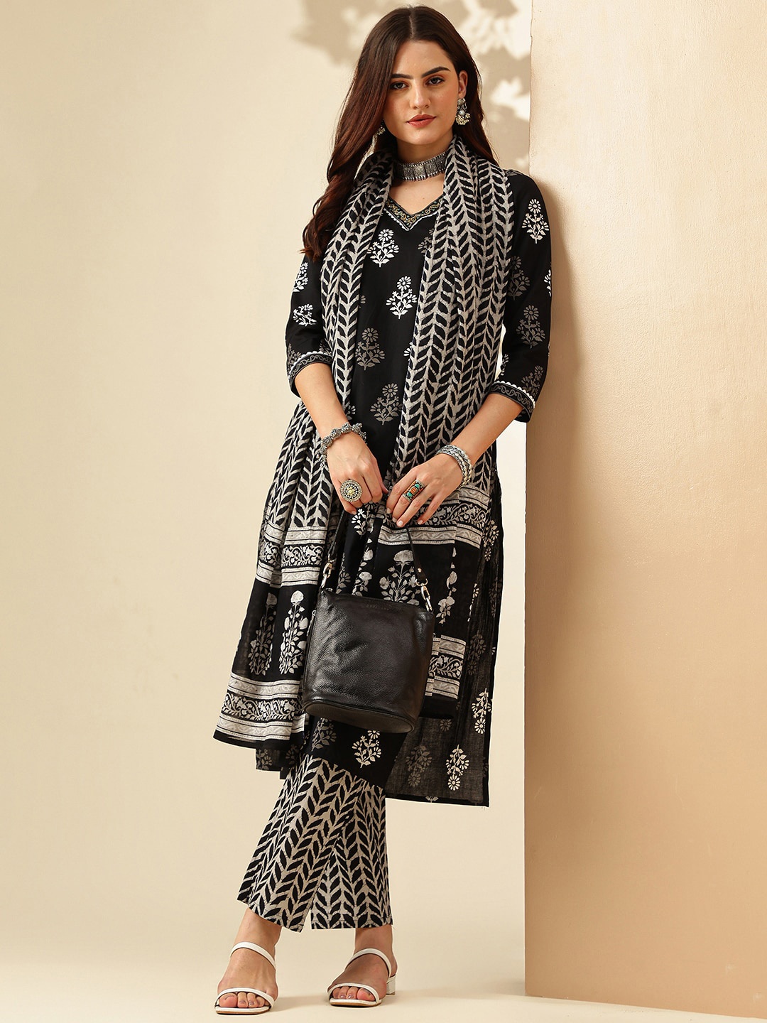 

KALINI Floral Printed Pure Cotton Kurta With Trouser & Dupatta, Black