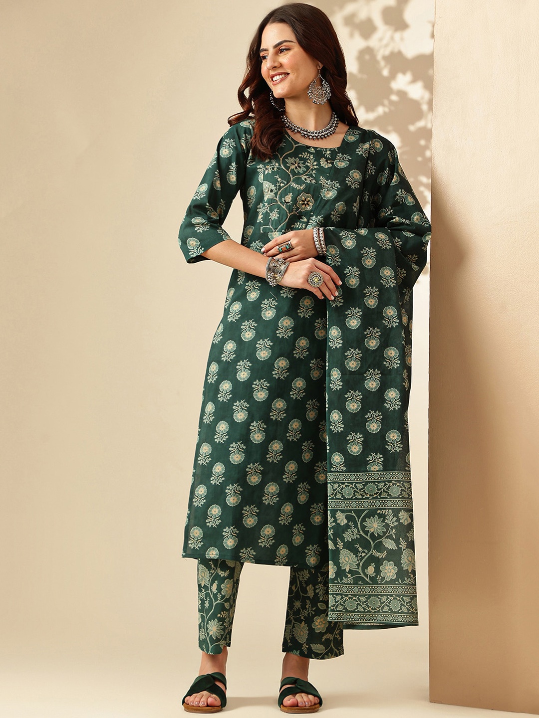 

KALINI Floral Printed Sequinned Pure Cotton Straight Kurta With Trousers & Dupatta, Green